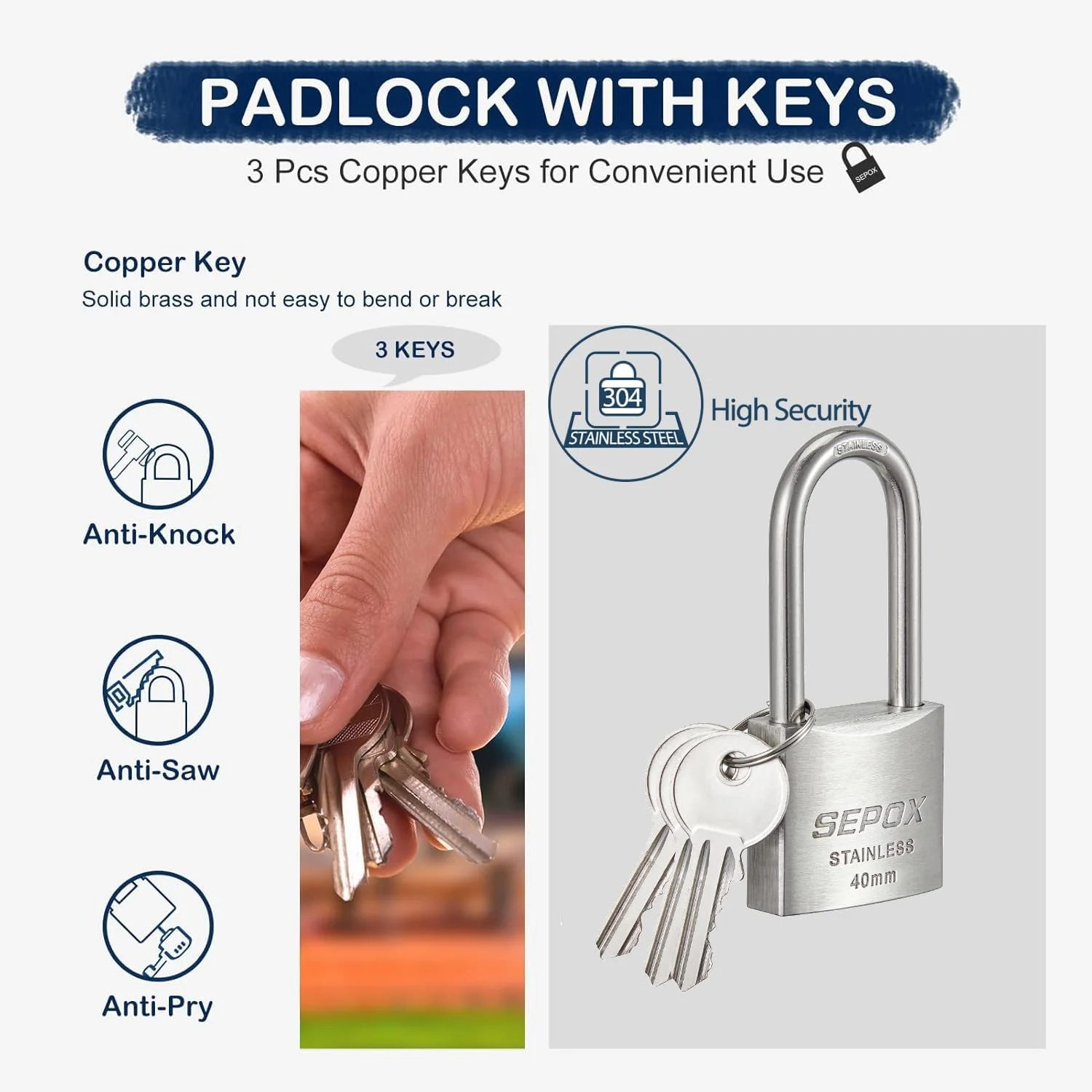 قفل آویز بیرونی سپاکس با کلید، بدنه قفل استیل ضد زنگ و حلقه، قفل کلیدی ضد آب، قفل آویز سنگین و کلید ضد آب و هوا برای زنجیر درب، سوله، قایق، دریایی (40mm SS304) (1x SS 40mm Long)