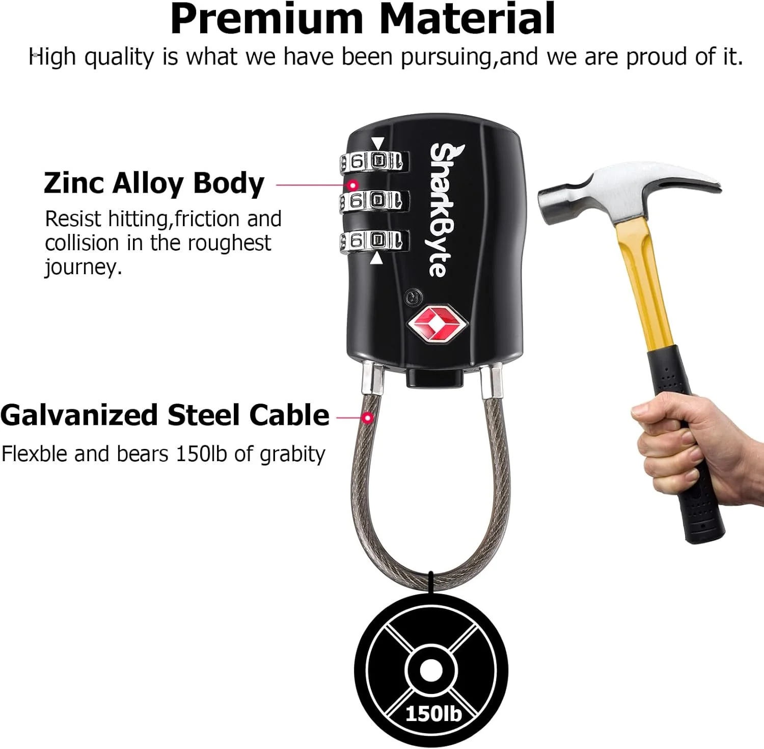 قفل چمدان SharkByte TSA - قفل ترکیبی مسافرتی امنیتی 3 شماره ای، قفل کابلی انعطاف پذیر برای چمدان، کیف مسافرتی، کیف باشگاه، قفل کوچک کددار (بسته 1 عددی)