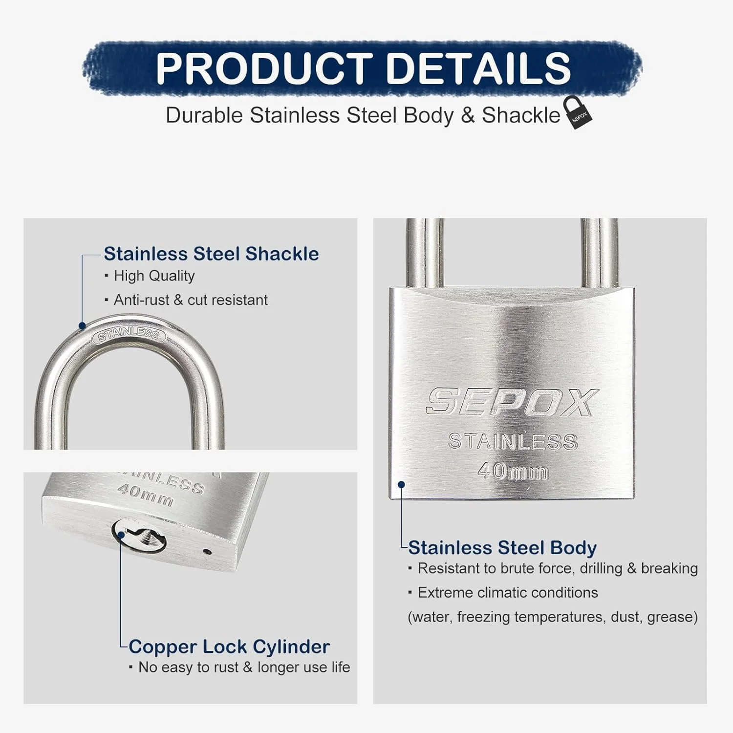 قفل آویز بیرونی سپاکس با کلید، بدنه قفل استیل ضد زنگ و حلقه، قفل کلیدی ضد آب، قفل آویز سنگین و کلید ضد آب و هوا برای زنجیر درب، سوله، قایق، دریایی (40mm SS304) (1x SS 40mm Long)