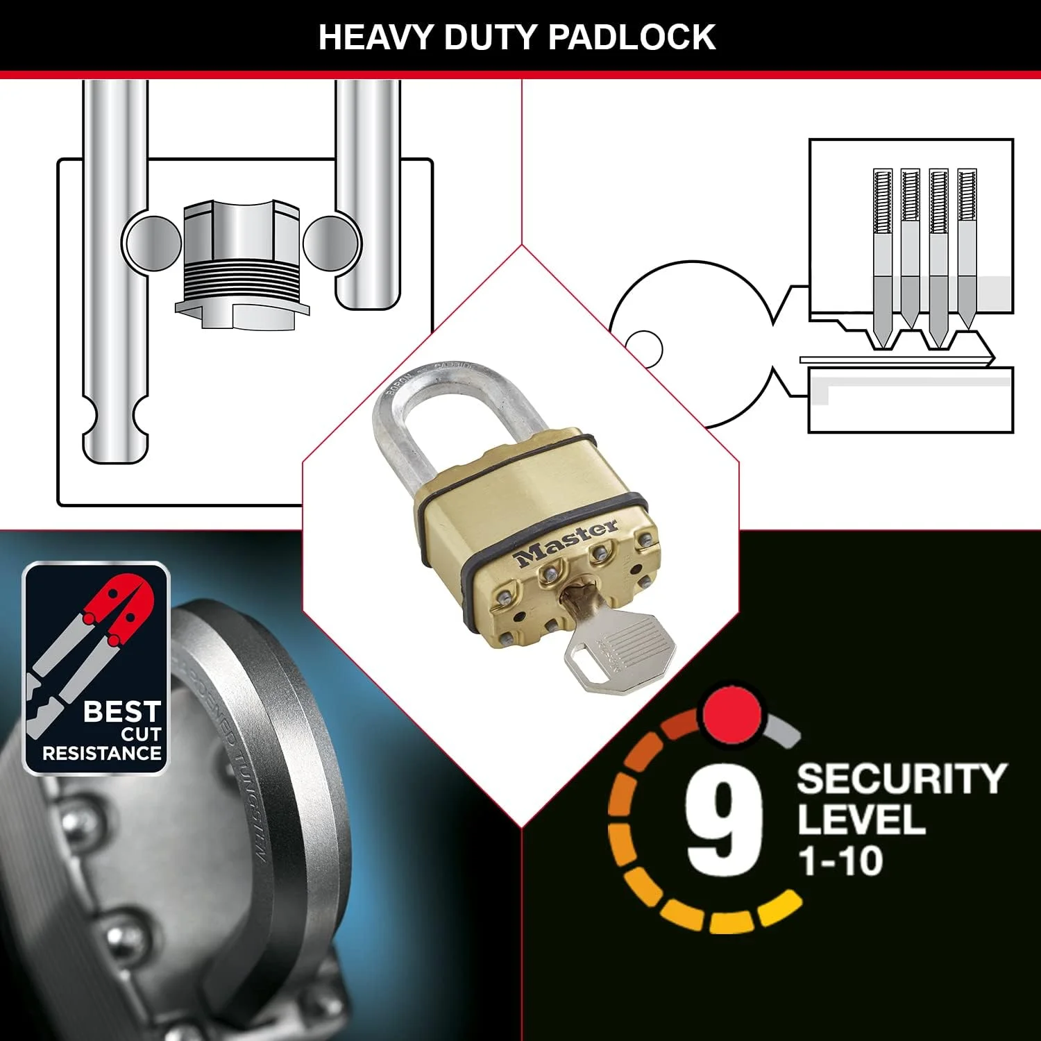 قفل های کتابی مسترلاک با امنیت بسیار بالا، سطح امنیت 9/10، مناسب فضای باز، کلیدی، فولاد لایه ای، مقاوم در برابر آب و هوا، میله متوسط، بسته 2 عددی قفل های کتابی مسترلاک با امنیت بسیار بالا، سطح امنیت 9/10، مناسب فضای باز، کلیدی، فولاد لایه ای، مقاوم در برابر آب و هوا، میله متوسط، بسته 2 عددی