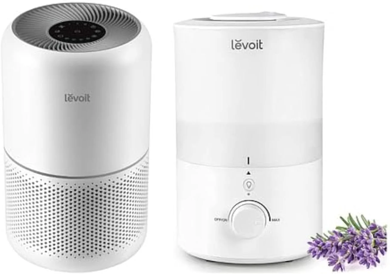 دستگاه تصفیه هوای Levoit Core 300 برای گرد و غبار، دود و موی حیوانات خانگی، سفید + دستگاه های بخور 3 لیتری LEVOIT برای اتاق خواب با چراغ شب، دستگاه بخور سرد، سفید