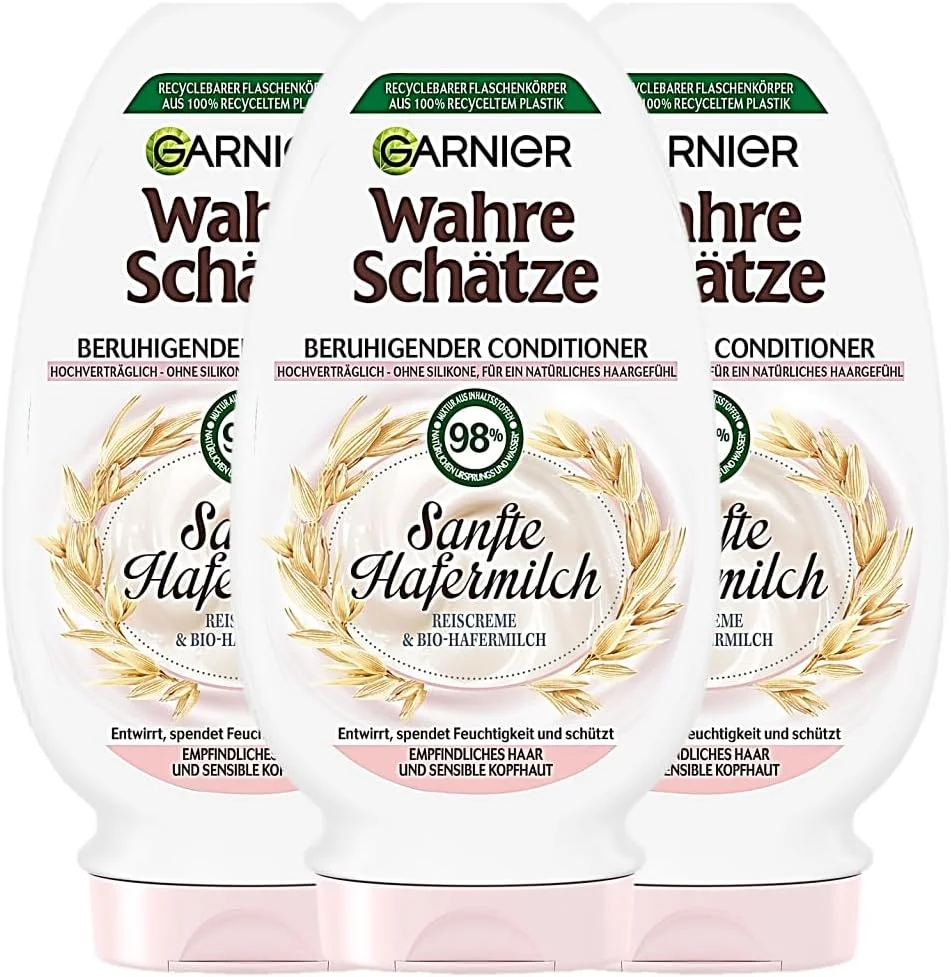 نرم کننده تسکین دهنده موهای حساس و پوست سر حساس Garnier True Treasures حاوی شیر جو دوسر، باز کننده گره و مرطوب کننده، 3 عدد 200 میلی لیتری نرم کننده تسکین دهنده موهای حساس و پوست سر حساس Garnier True Treasures حاوی شیر جو دوسر، باز کننده گره و مرطوب کننده، 3 عدد 200 میلی لیتری