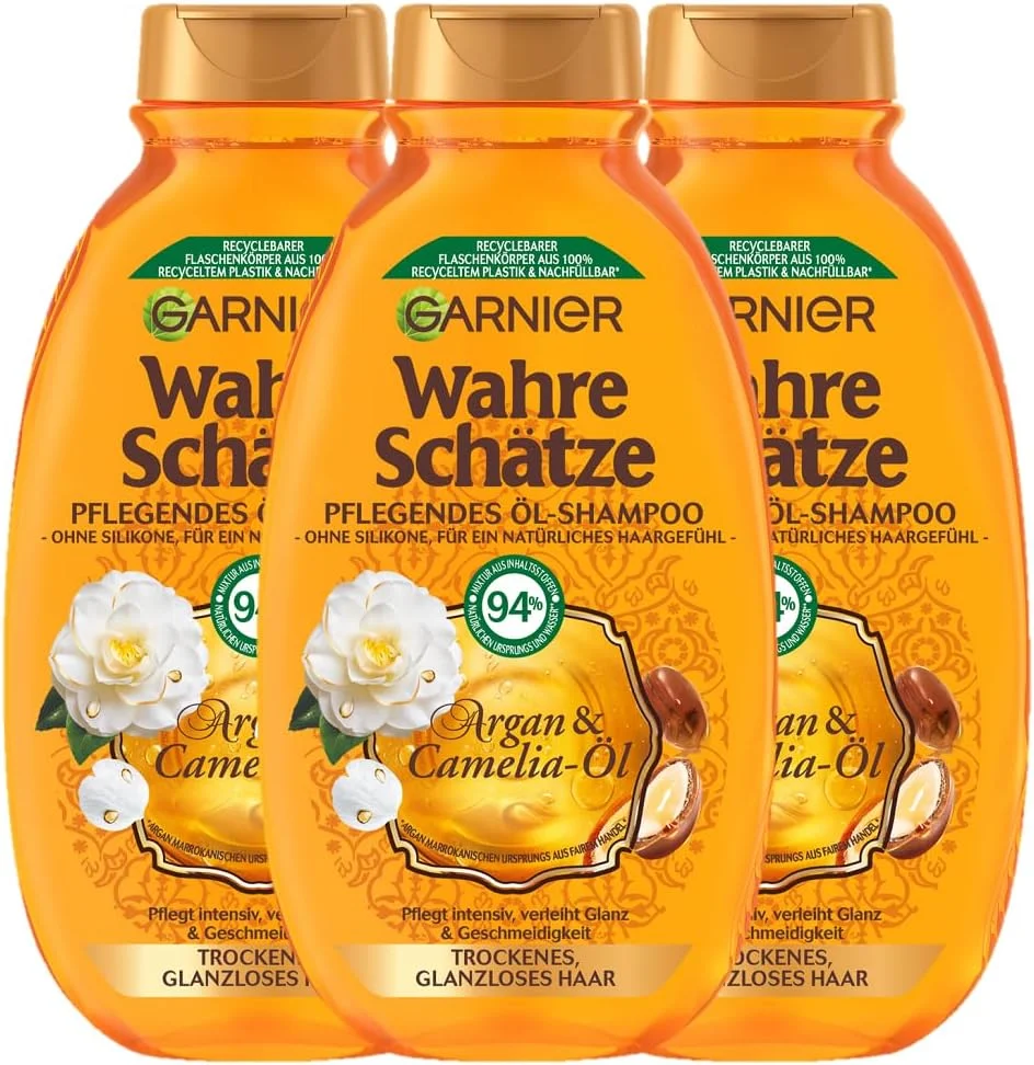 شامپو روغن آرگان و کاملیا تغذیه کننده موهای خشک گارنیه ترزور ترو، تغذیه کننده قوی، درخشان کننده و نرم کننده 3 عدد 250 میلی لیتر