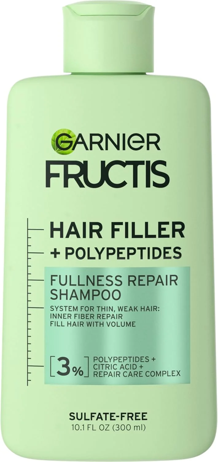 شامپو ترمیم کننده و حجم دهنده مو گارنیه Fructis Hair Filler، شامپو حجم دهنده با پلی پپتیدها و کمپلکس ترمیم کننده مو برای موهای نازک، ضعیف و دارای موخوره، 300 میلی لیتر