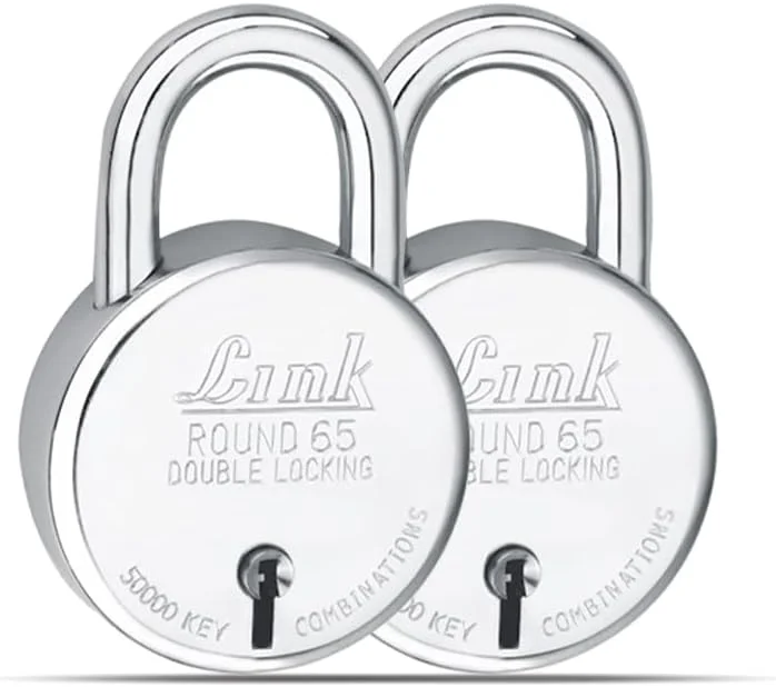 قفل گرد 65 میلی‌متری جدید لینک | بدنه فولادی | اهرم آهنی | قفل دوبل | 50000 ترکیب کلید | 3 کلید نقره‌ای برای هر قفل (بسته 2 عددی)