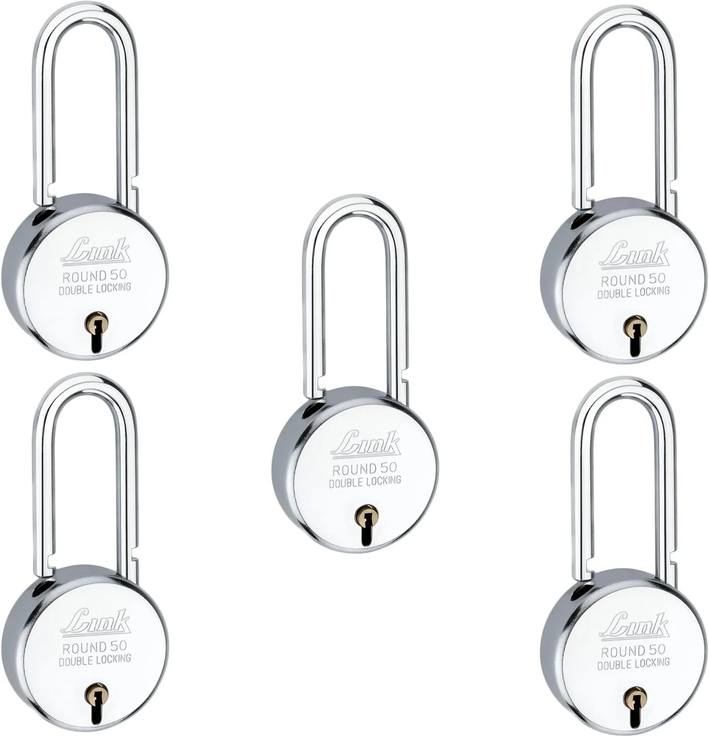 مجموعه 5 عددی قفل آویز گرد 50 میلی متری با میله بلند Link® | 50000 ترکیب کلید | ساخت هند | قفل دوبل | بدنه فولادی | اهرم آهنی | 3 کلید برای هر قفل