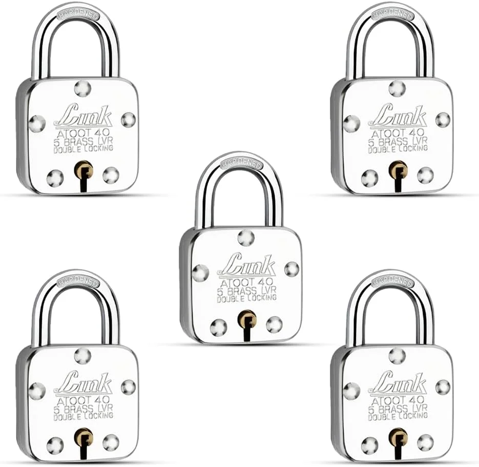 قفل های آویز 40 میلی متری Link® Atoot، مجموعه 5 عددی | قفل دوبل | بدنه فولادی | حلقه سخت کاری شده | 5 اهرم برنجی | ساخت هند | 3 کلید برای هر قفل