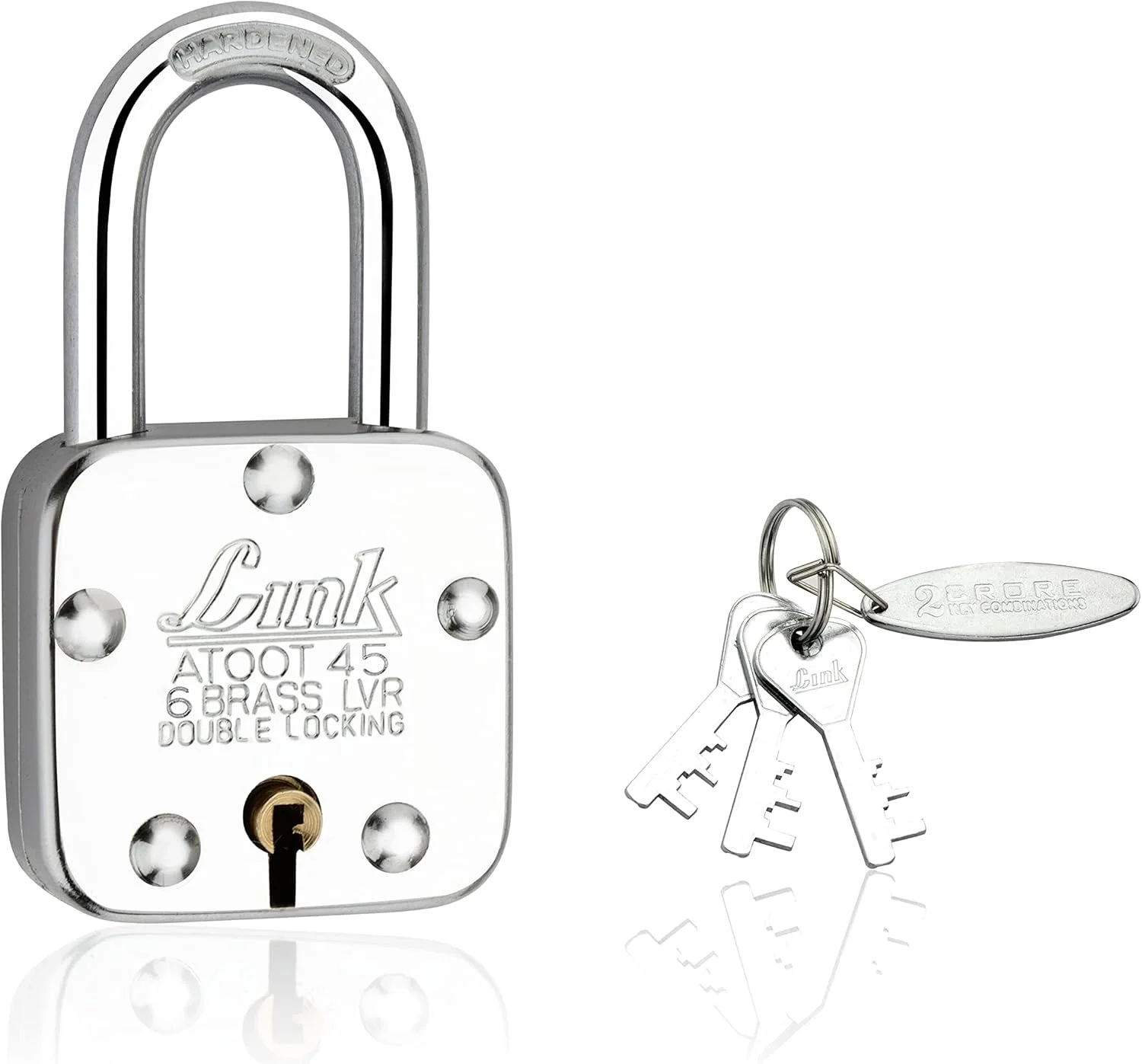 قفل آویز بلند 45 میلی‌متری Link® Atoot | بدنه فولادی | حلقه سخت کاری شده | 6 اهرم برنجی | ساخت هند | 1 قفل با 3 کلید نقره‌ای به همراه جاکلیدی
