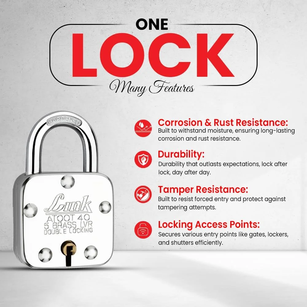 قفل های آویز 40 میلی متری Link® Atoot، مجموعه 5 عددی | قفل دوبل | بدنه فولادی | حلقه سخت کاری شده | 5 اهرم برنجی | ساخت هند | 3 کلید برای هر قفل