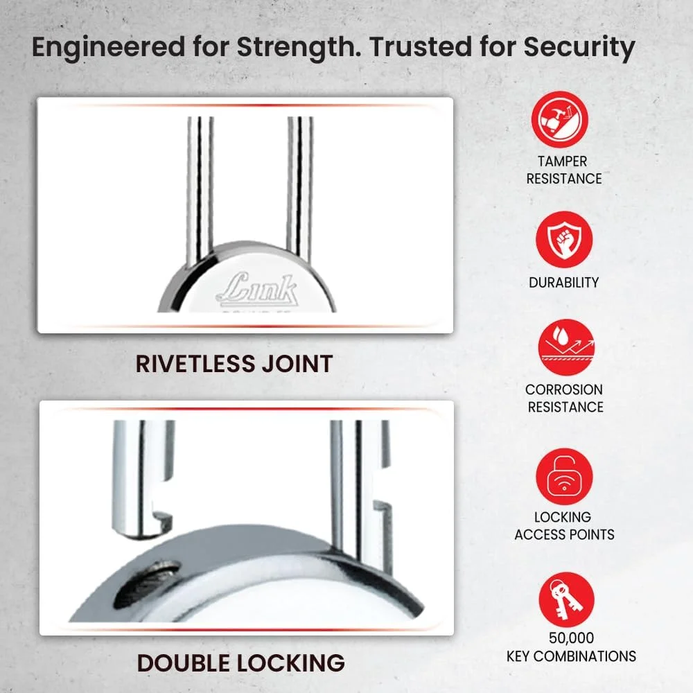 مجموعه 5 عددی قفل آویز گرد 50 میلی متری با میله بلند Link® | 50000 ترکیب کلید | ساخت هند | قفل دوبل | بدنه فولادی | اهرم آهنی | 3 کلید برای هر قفل
