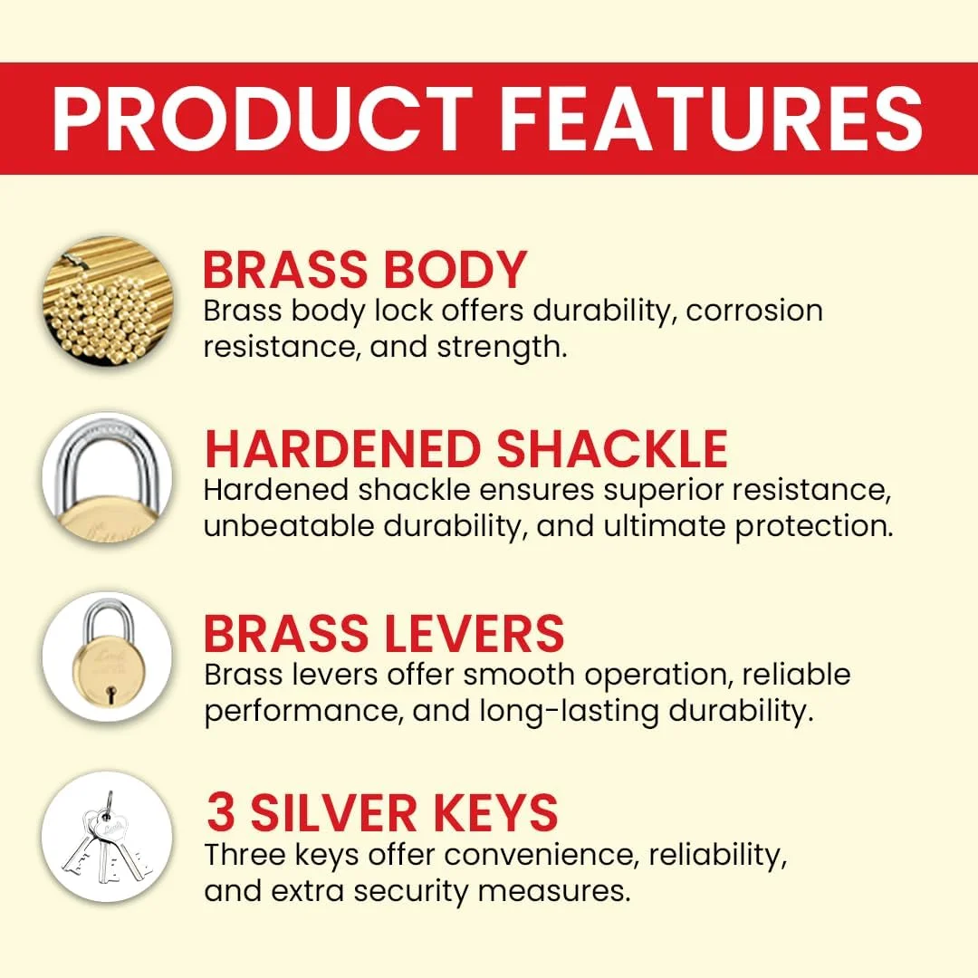 قفل گرد برنجی جدید 65 میلی متری Link® | بدنه برنجی | زبانه برنجی | قفل دوبل | 3 کلید نقره ای | 1 قفل آویز | ساخت هند