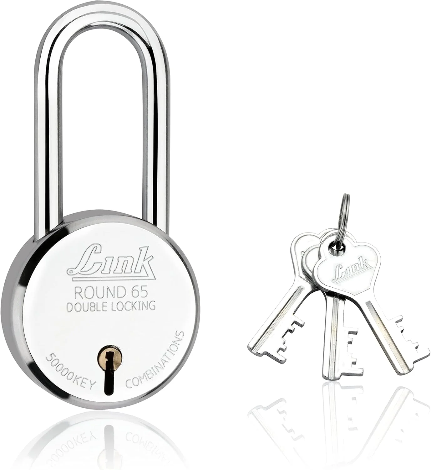 قفل گرد 65 میلی‌متری جدید Link® با میله بلند | بدنه فولادی | زبانه آهنی | قفل دوبل | 3 کلید نقره‌ای | 1 قفل | ساخت هند...
