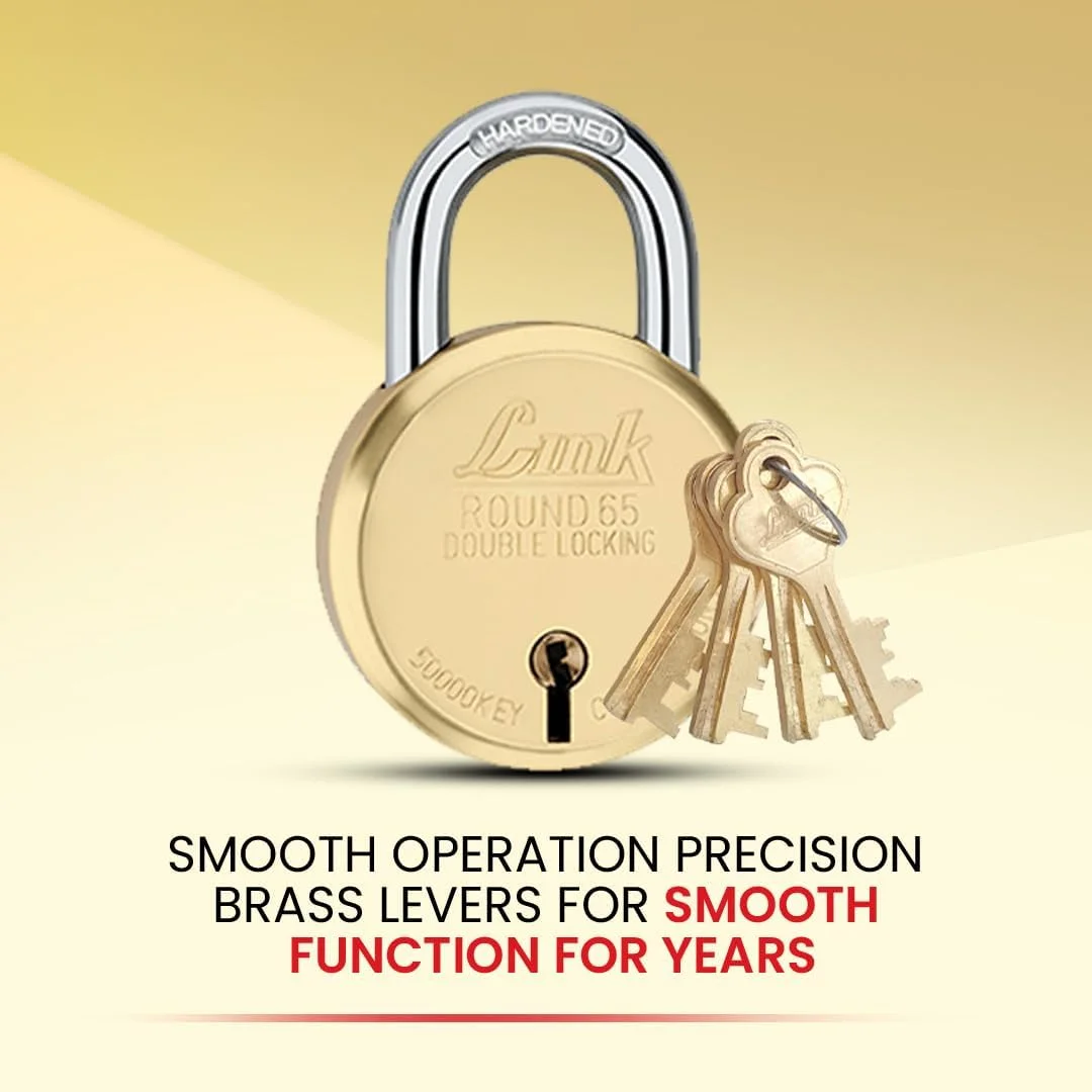 قفل آویز برنجی گرد 65 میلی متری Link 8 اهرمی | حلقه سخت کاری شده | قفل دوبل | قفل درب منزل با روکش برنجی به همراه 4 کلید برنجی | ساخت هند | (طلایی، بسته 2 عددی)