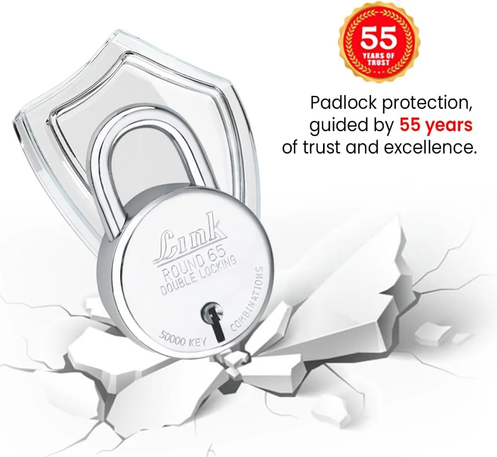 قفل گرد 65 میلی‌متری جدید لینک | بدنه فولادی | اهرم آهنی | قفل دوبل | 50000 ترکیب کلید | 3 کلید نقره‌ای برای هر قفل (بسته 2 عددی)