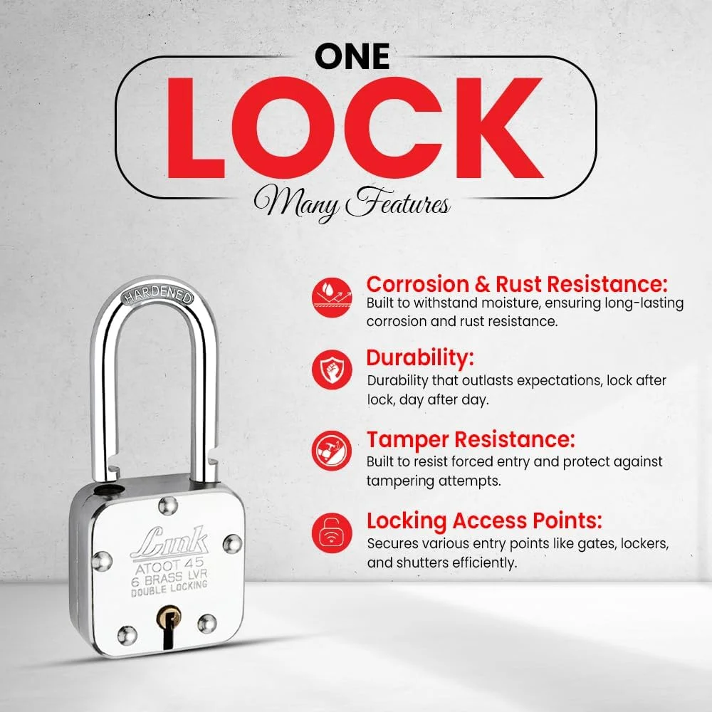 قفل آویز بلند 45 میلی‌متری Link® Atoot | بدنه فولادی | حلقه سخت کاری شده | 6 اهرم برنجی | ساخت هند | 1 قفل با 3 کلید نقره‌ای به همراه جاکلیدی