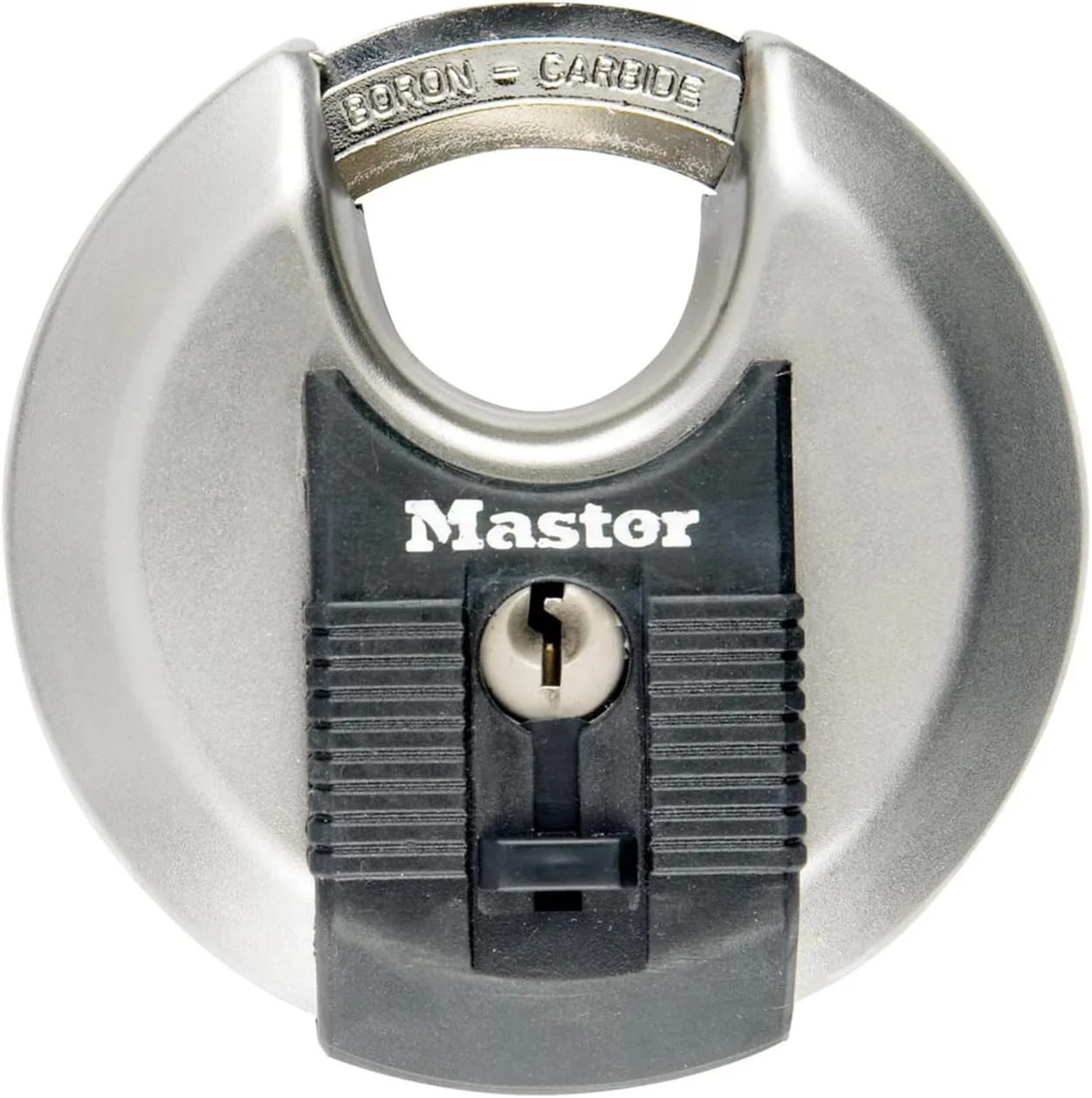 قفل دیسکی سنگین MASTER LOCK، سطح امنیتی 8/10، مناسب فضای باز، کلیدی، استیل ضد زنگ، دارای یوغ محافظت شده