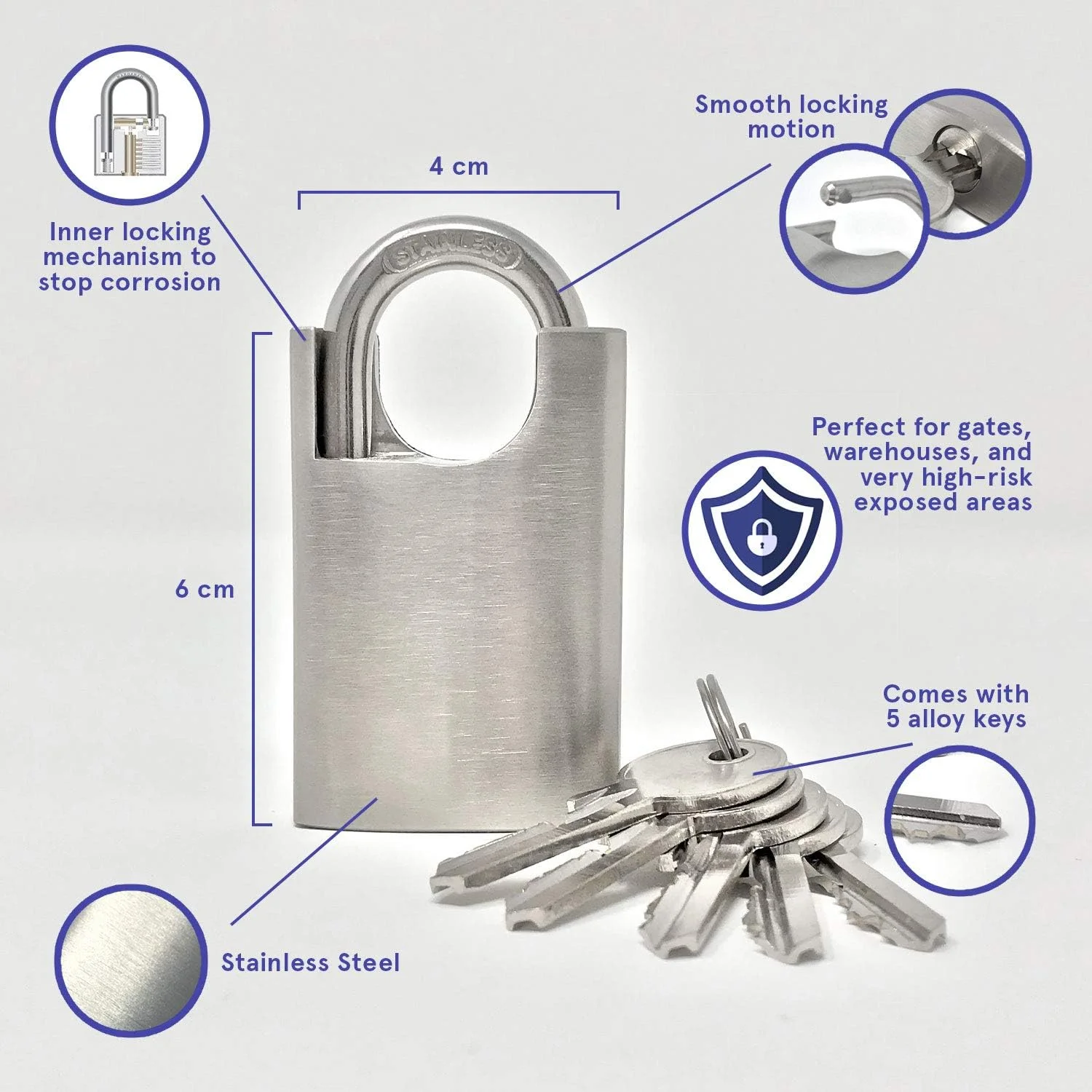 قفل آویز صنعتی سنگین 60 میلی متری استیل ضد زنگ اسمیت 2015 (شامل 5 کلید)