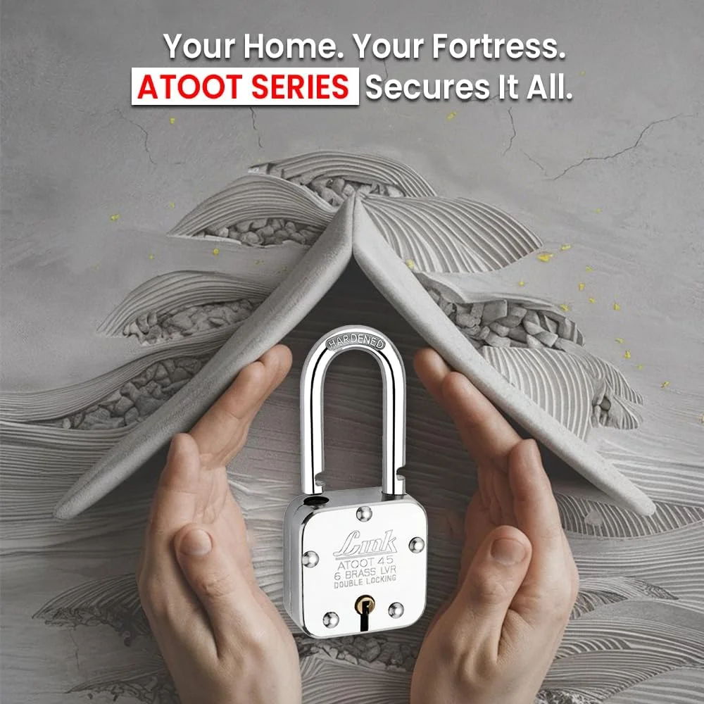 قفل آویز بلند 45 میلی‌متری Link® Atoot | بدنه فولادی | حلقه سخت کاری شده | 6 اهرم برنجی | ساخت هند | 1 قفل با 3 کلید نقره‌ای به همراه جاکلیدی