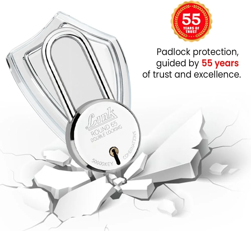 قفل گرد 65 میلی‌متری جدید Link® با میله بلند | بدنه فولادی | زبانه آهنی | قفل دوبل | 3 کلید نقره‌ای | 1 قفل | ساخت هند...