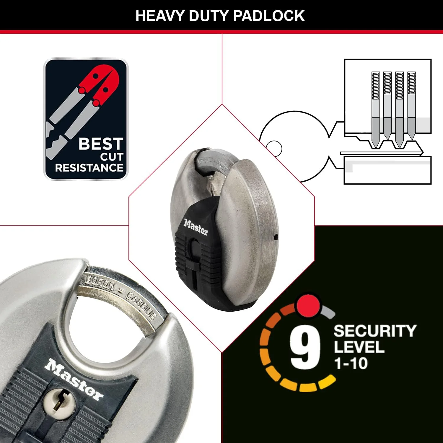 قفل دیسکی سنگین MASTER LOCK، سطح امنیتی 8/10، مناسب فضای باز، کلیدی، استیل ضد زنگ، دارای یوغ محافظت شده