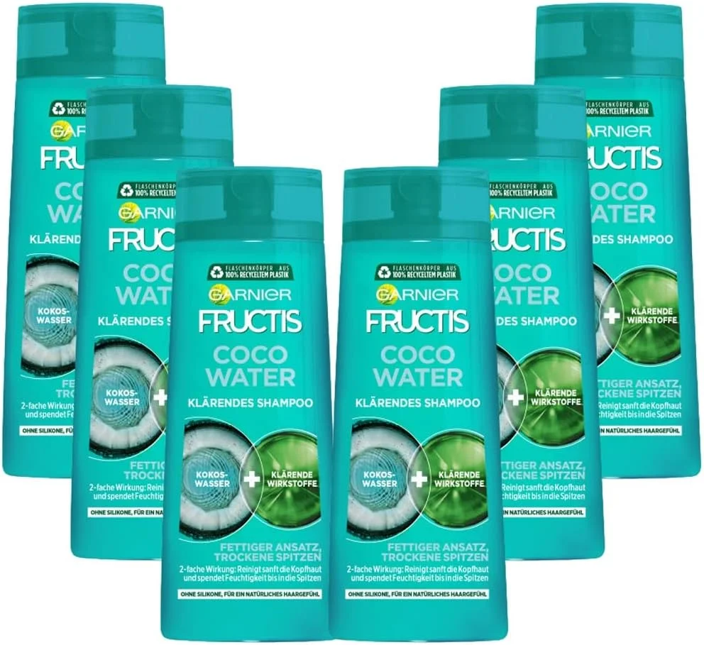شامپو پاک کننده مو گارنیه برای موهای چرب در ریشه و خشک در نوک، حاوی آب نارگیل برای موهای قوی، Fructis Coco Water، 6 عدد 250 میلی لیتر