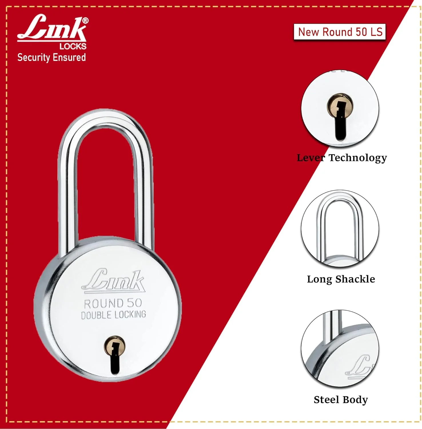 قفل گرد 50 میلی‌متری Link® BCP | 50000 ترکیب کلید | قفل دوبل | حلقه سخت کاری شده | 6 اهرم برنجی | بدنه فولادی | 1 قفل | 3 کلید نقره‌ای | ساخت هند