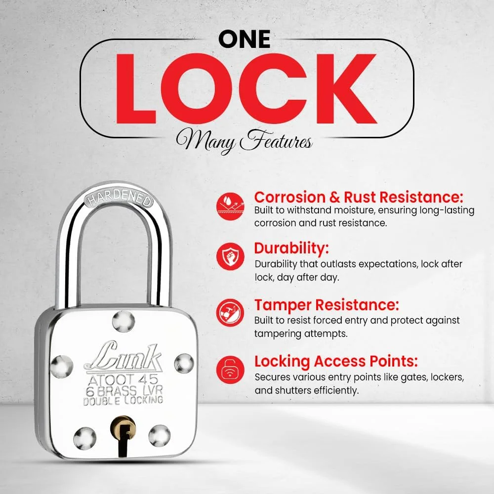 قفل 45 میلی متری Link® Atoot | بدنه فولادی | حلقه سخت کاری شده | 6 اهرم برنجی | 3 کلید نقره ای | 1 قفل آویز | ساخت هند