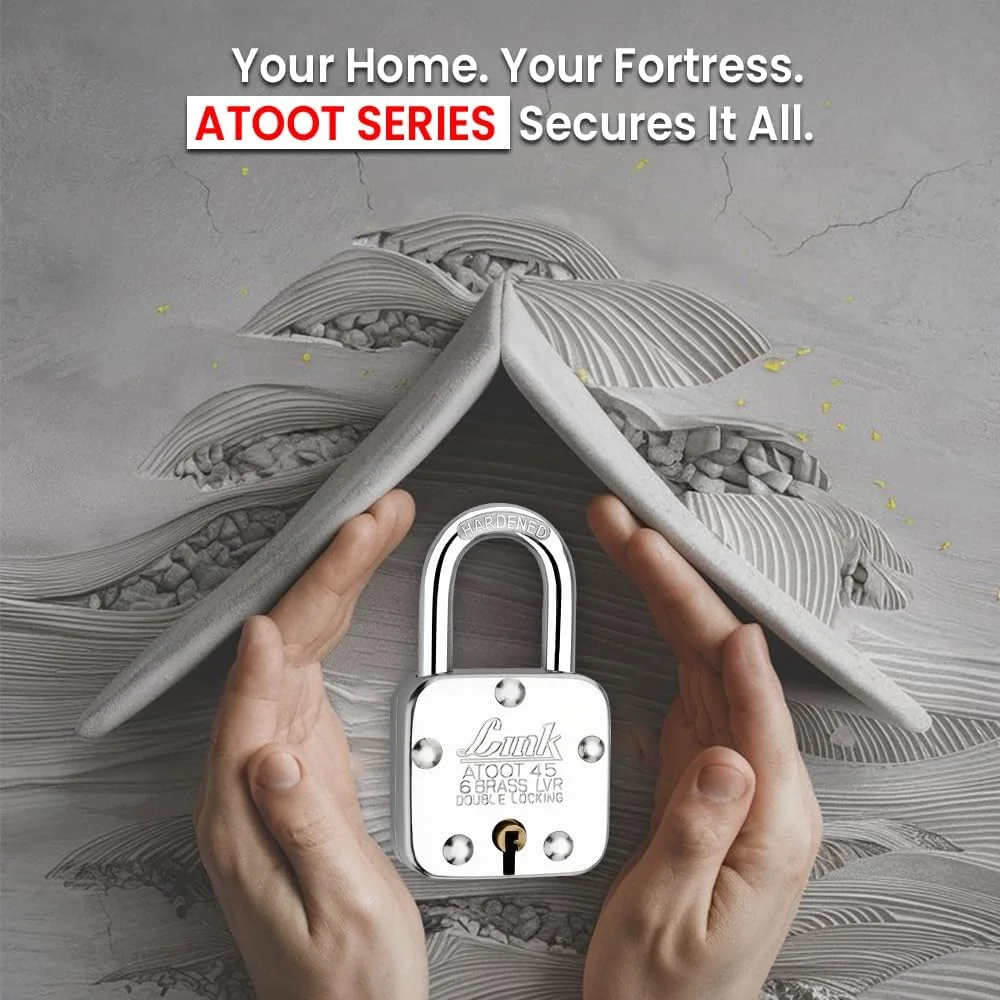 قفل 45 میلی متری Link® Atoot | بدنه فولادی | حلقه سخت کاری شده | 6 اهرم برنجی | 3 کلید نقره ای | 1 قفل آویز | ساخت هند