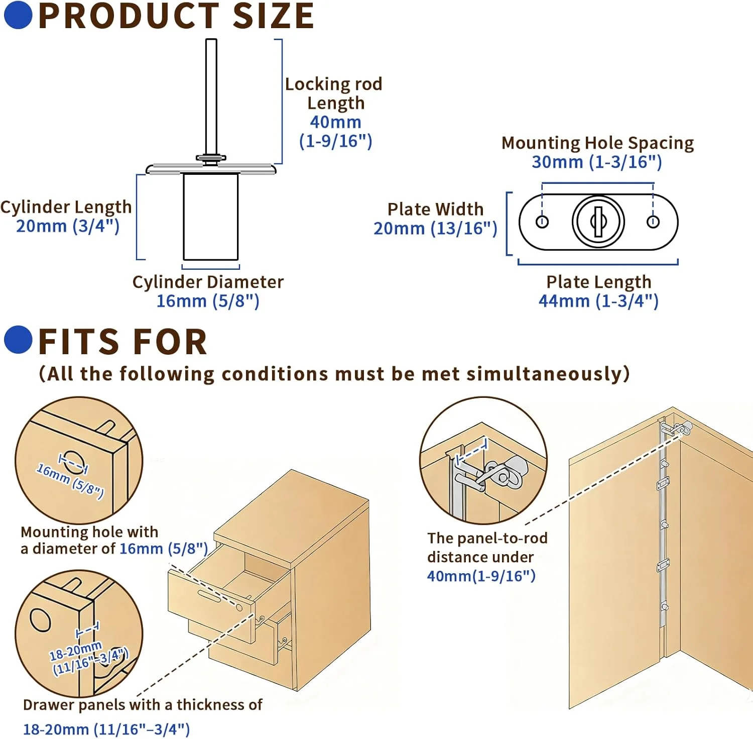 قفل کشو HOWDIA، 2 عدد قفل کابینت با کلید، قفل میز آلیاژ روی، قفل کابینت پرونده برای کمد مبلمان، طول میله قفل 40 میلی متر، قطر سیلندر 16 میلی متر (مشکی، کلیدهای متفاوت)