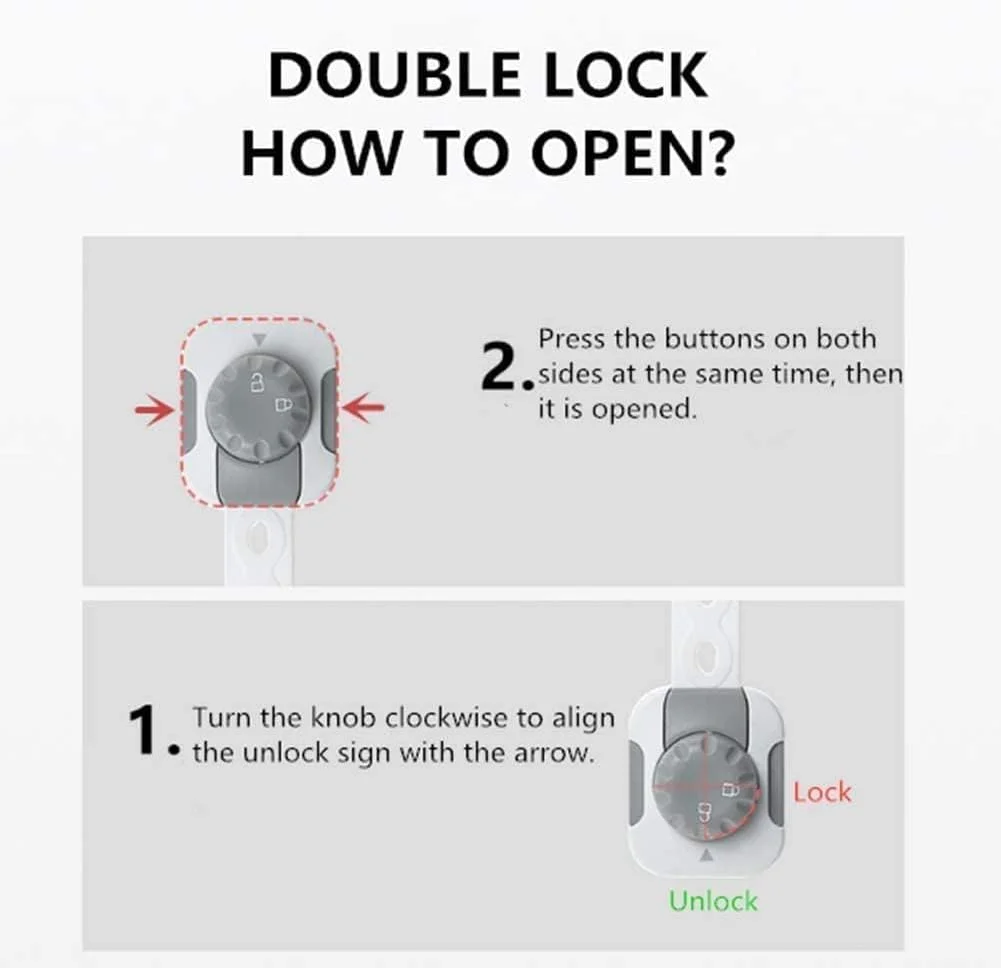 قفل ایمنی کودک، قفل دوبل، قفل کابینت محافظ کودک، قفل کودک با اندازه قابل تنظیم/انعطاف پذیر، یک بسته 6 عددی چسب 3M، بند قابل تنظیم آسان، چند منظوره و باز کردن قفل دو مرحله ای قفل ایمنی کودک، قفل دوبل، قفل کابینت محافظ کودک، قفل کودک با اندازه قابل تنظیم/انعطاف پذیر، یک بسته 6 عددی چسب 3M، بند قابل تنظیم آسان، چند منظوره و باز کردن قفل دو مرحله ای