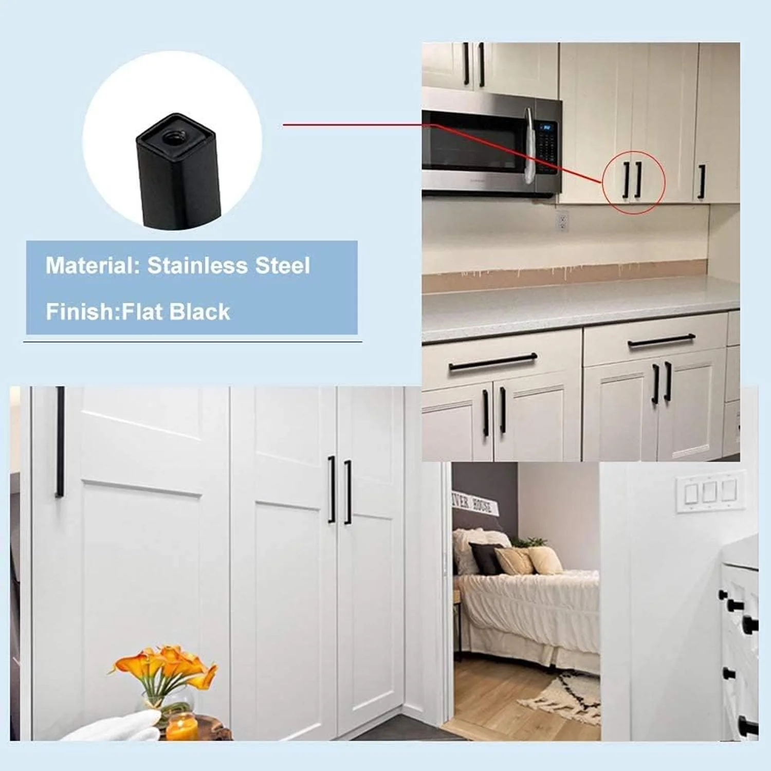 دستگیره کابینت Aputue، دستگیره کابینت مشکی برای کمد لباس آشپزخانه و حمام، 3 عدد دستگیره مربعی مشکی 12.8 سانتی متری، نصب آسان دستگیره کشو سخت افزار مدرن استیل ضد زنگ