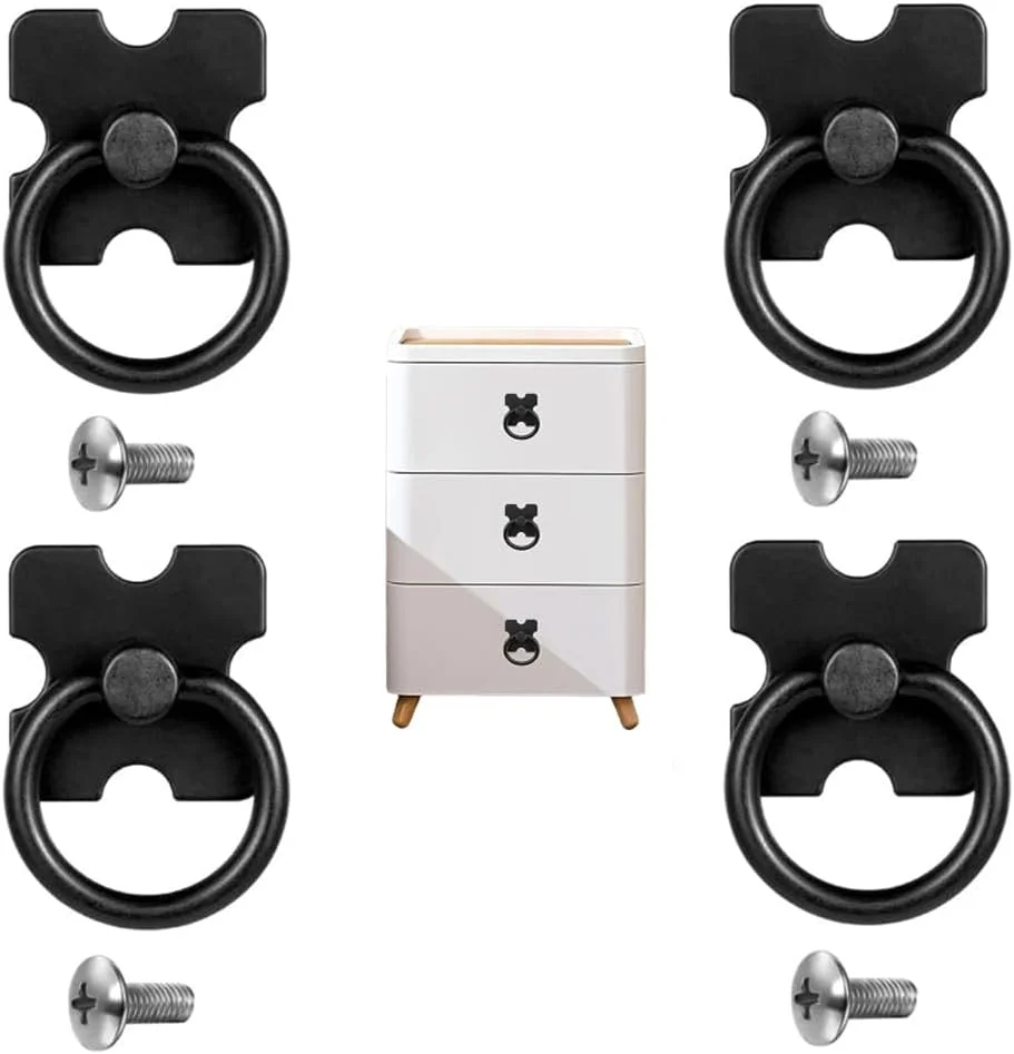 دستگیره های کشو و حلقه آویز Azonee، 4 عدد دستگیره تزئینی درب مبلمان و حلقه آویز با پیچ ​​برای کابینت کمد لباس، مشکی