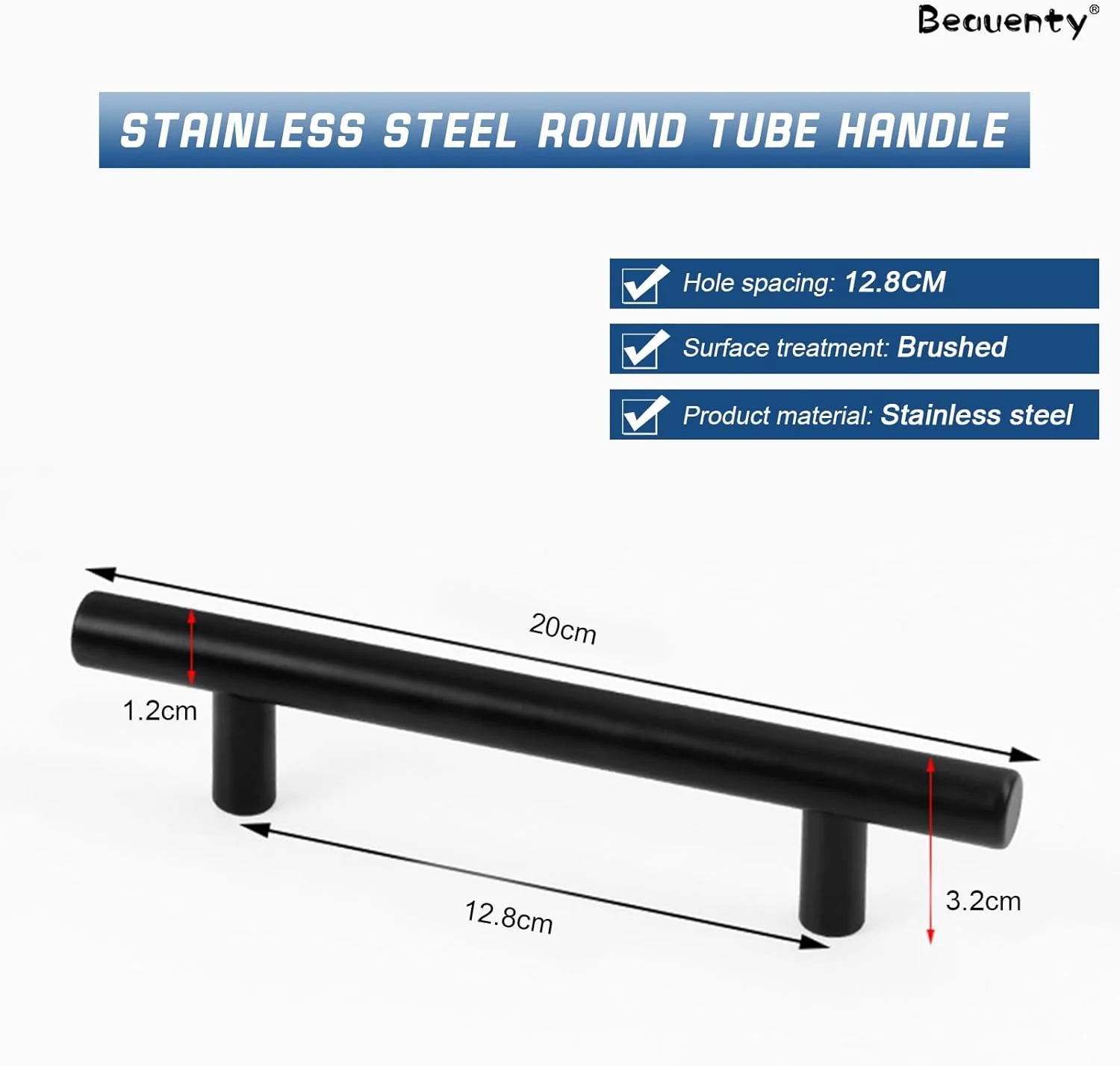 دستگیره کابینت Beauenty بسته 10 عددی، دستگیره های T شکل استیل ضد زنگ، دستگیره درب کشو آشپزخانه (مشکی، 128 میلی متر)