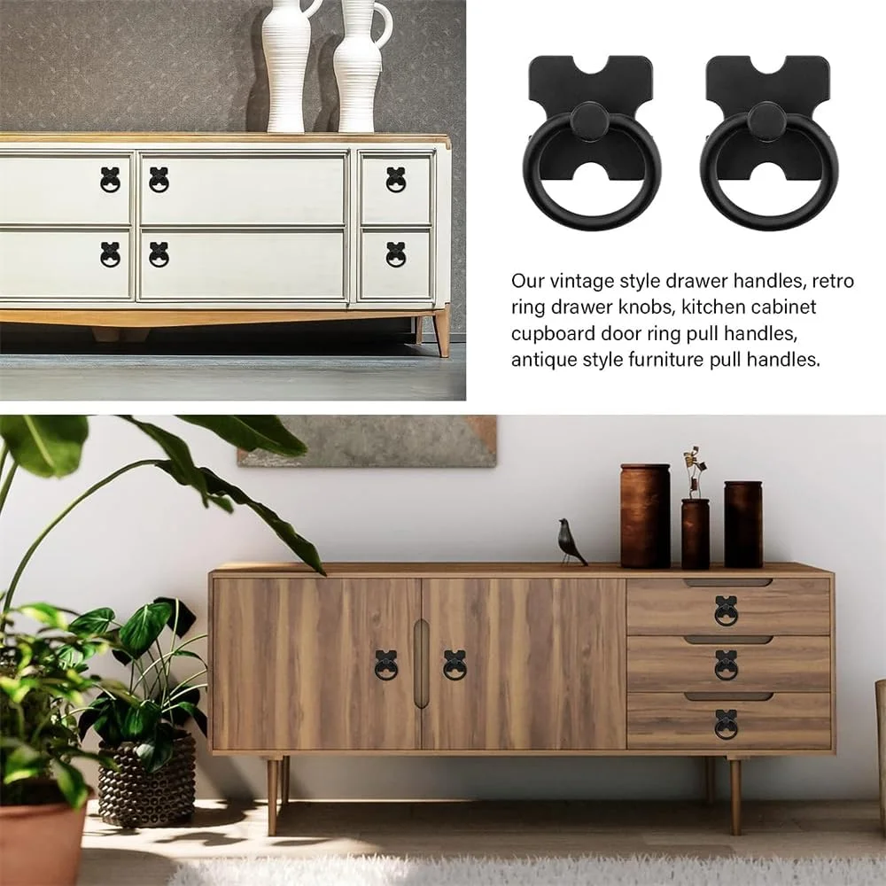 دستگیره های کشو و حلقه آویز Azonee، 4 عدد دستگیره تزئینی درب مبلمان و حلقه آویز با پیچ ​​برای کابینت کمد لباس، مشکی