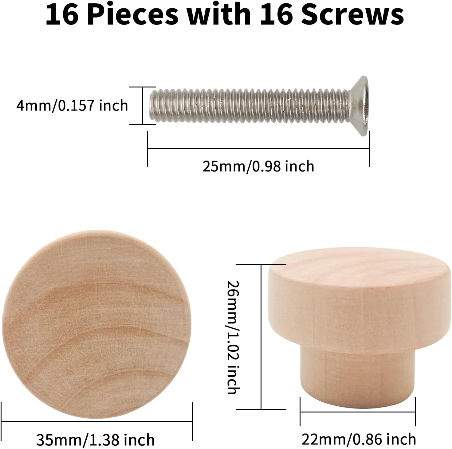 دستگیره چوبی کابینت Bmgop، مدل گرد تخت، بسته 16 عددی، قطر 35 میلی‌متر، دستگیره خام چوبی کمد، کشو، درب کابینت آشپزخانه