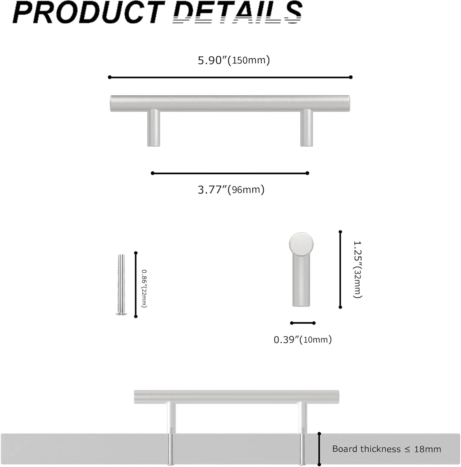 BUHO1991 ست دستگیره آشپزخانه 10 عددی 96 میلی متری همراه با پیچ، دستگیره کابینت استیل T شکل، دستگیره کشو، دستگیره درب برای مبلمان اتاق خواب آشپزخانه (10 عدد، فاصله سوراخ ها 96 میلی متر)