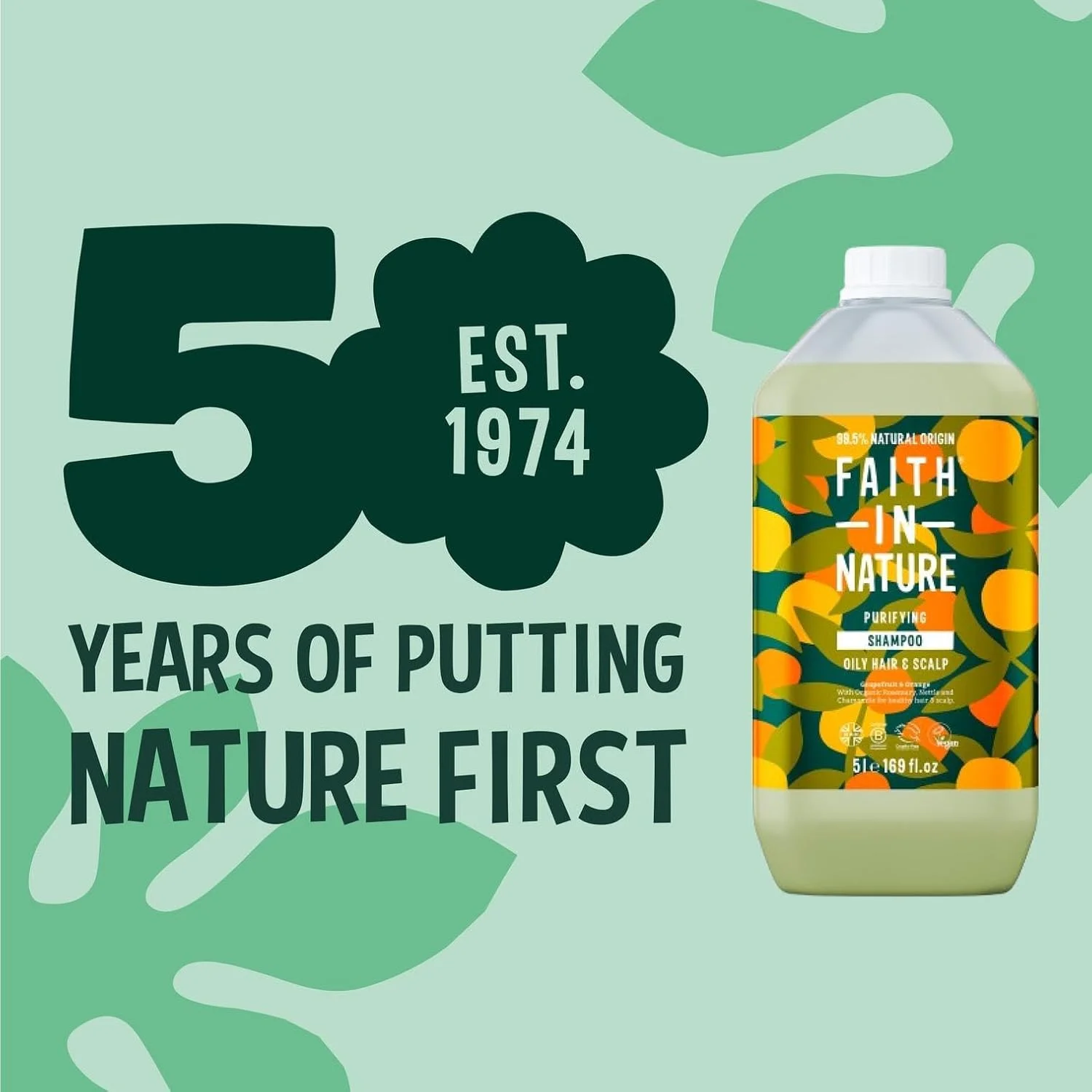 شامپو طبیعی گریپ فروت و پرتقال Faith In Nature، انرژی بخش، وگان و بدون تست حیوانی، بدون SLS یا پارابن، برای موهای معمولی تا خشک، بسته پر کننده 5 لیتری