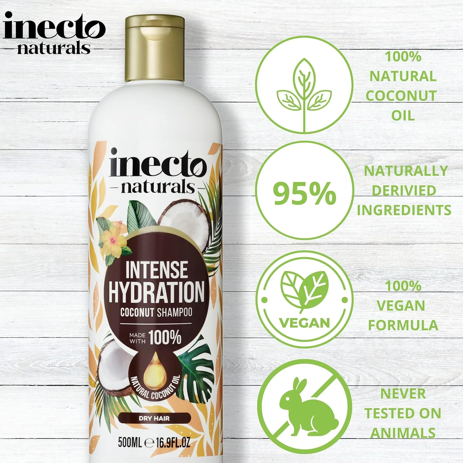 شامپو نارگیل طبیعی INECTO حجم 500 میلی لیتر، فوق العاده کرمی غنی شده با روغن نارگیل ارگانیک خالص، تسکین ابریشمی و صاف، موهای هیدراته
