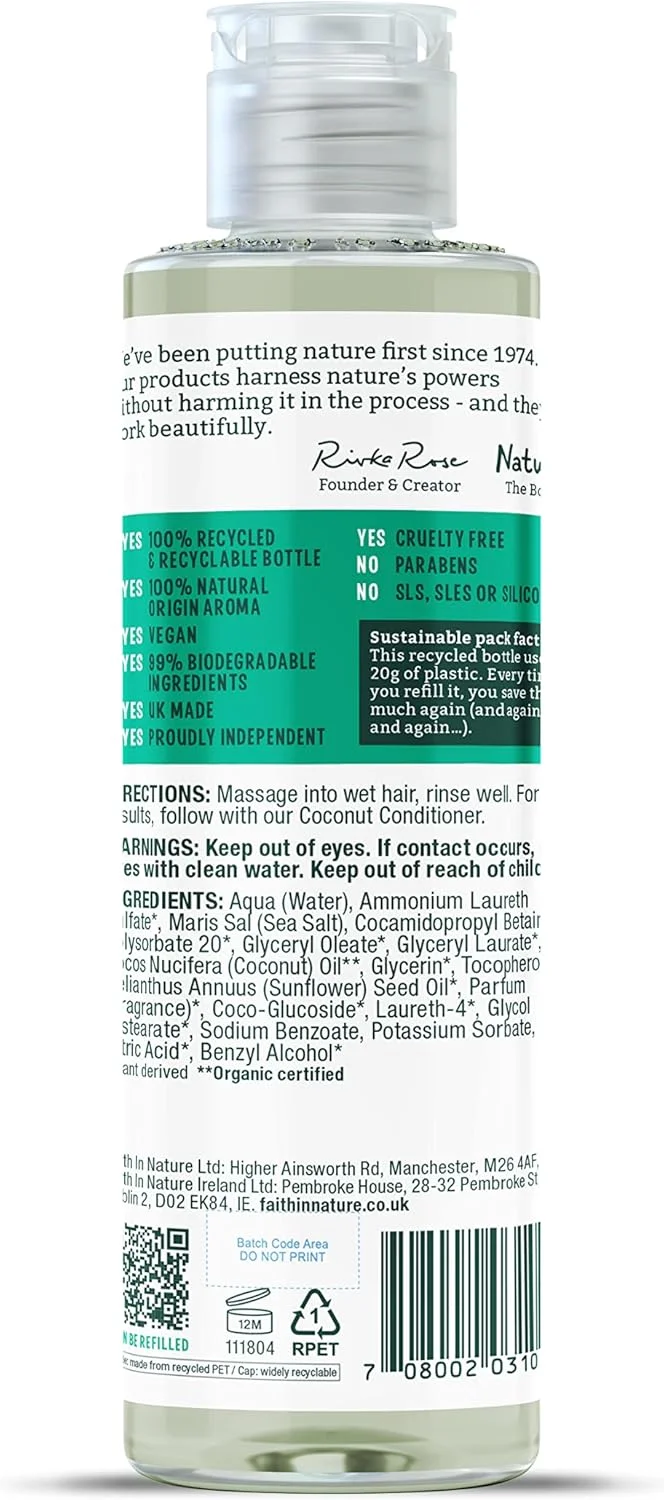 شامپو نارگیل طبیعی Faith In Nature، 300 میلی لیتر، آبرسان، وگان و بدون تست حیوانی، بدون SLS یا پارابن، برای موهای معمولی تا خشک