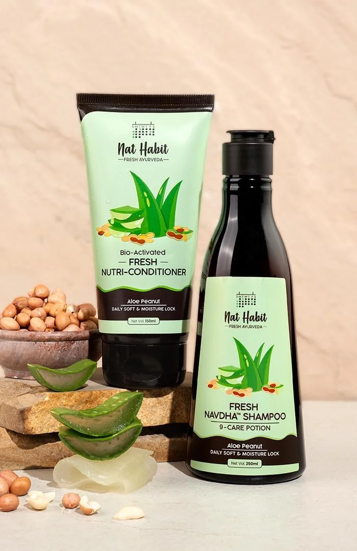 مجموعه شامپو و نرم کننده آلوئه ورا و بادام زمینی Nat Habit برای زنان و مردان | پاک کننده روزانه آلوئه ورا، آملا ریتا شیکاکای برای موهای نرم و مرطوب، نرم کننده و شامپو پروتئینی طبیعی برای موهای خشک و وز