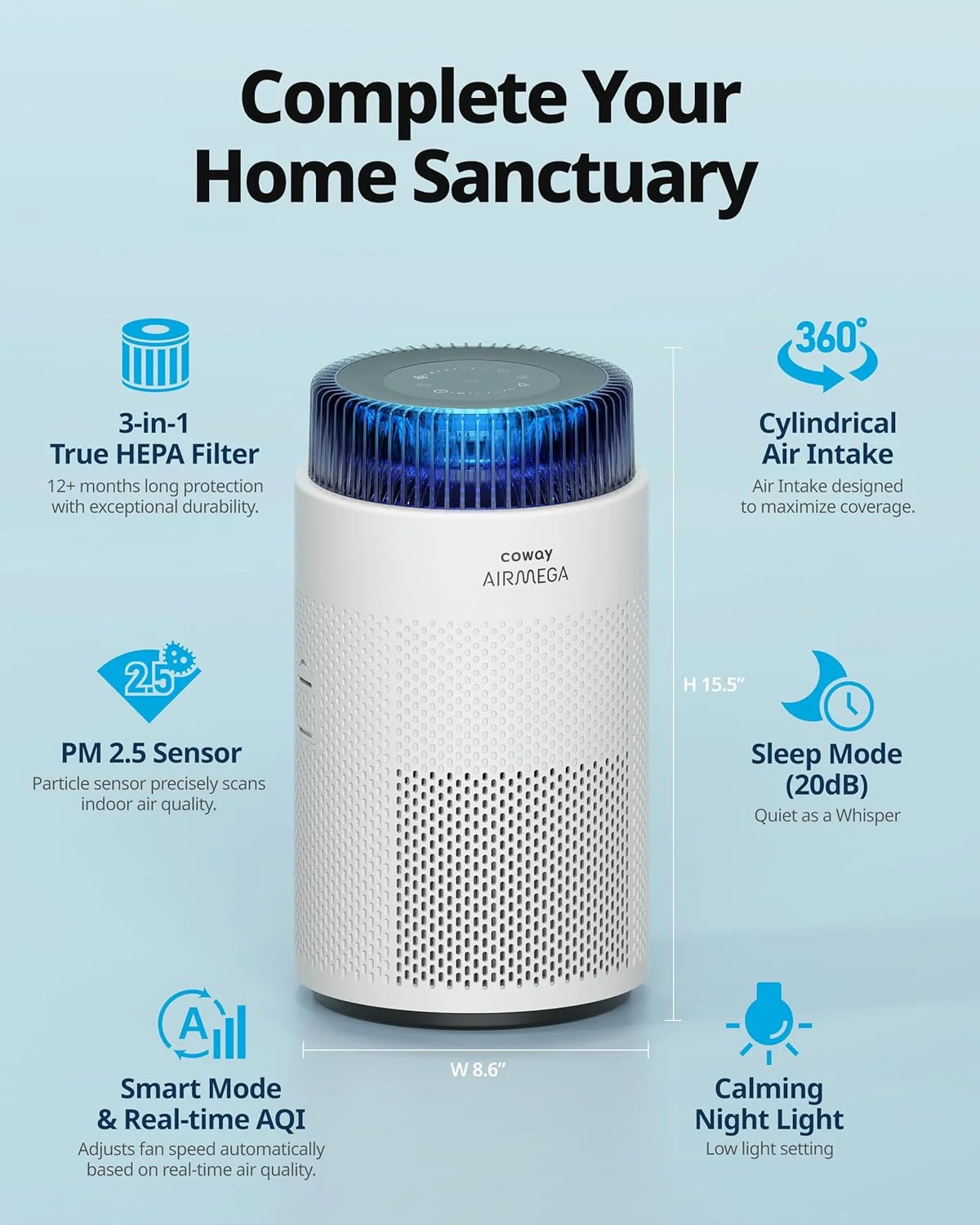 دستگاه تصفیه هوای Coway Airmega 100 با فیلتر HEPA واقعی، مانیتورینگ کیفیت هوا، حالت خودکار، حالت خواب، تایمر، نشانگر فیلتر و چراغ شب دستگاه تصفیه هوای Coway Airmega 100 با فیلتر HEPA واقعی، مانیتورینگ کیفیت هوا، حالت خودکار، حالت خواب، تایمر، نشانگر فیلتر و چراغ شب