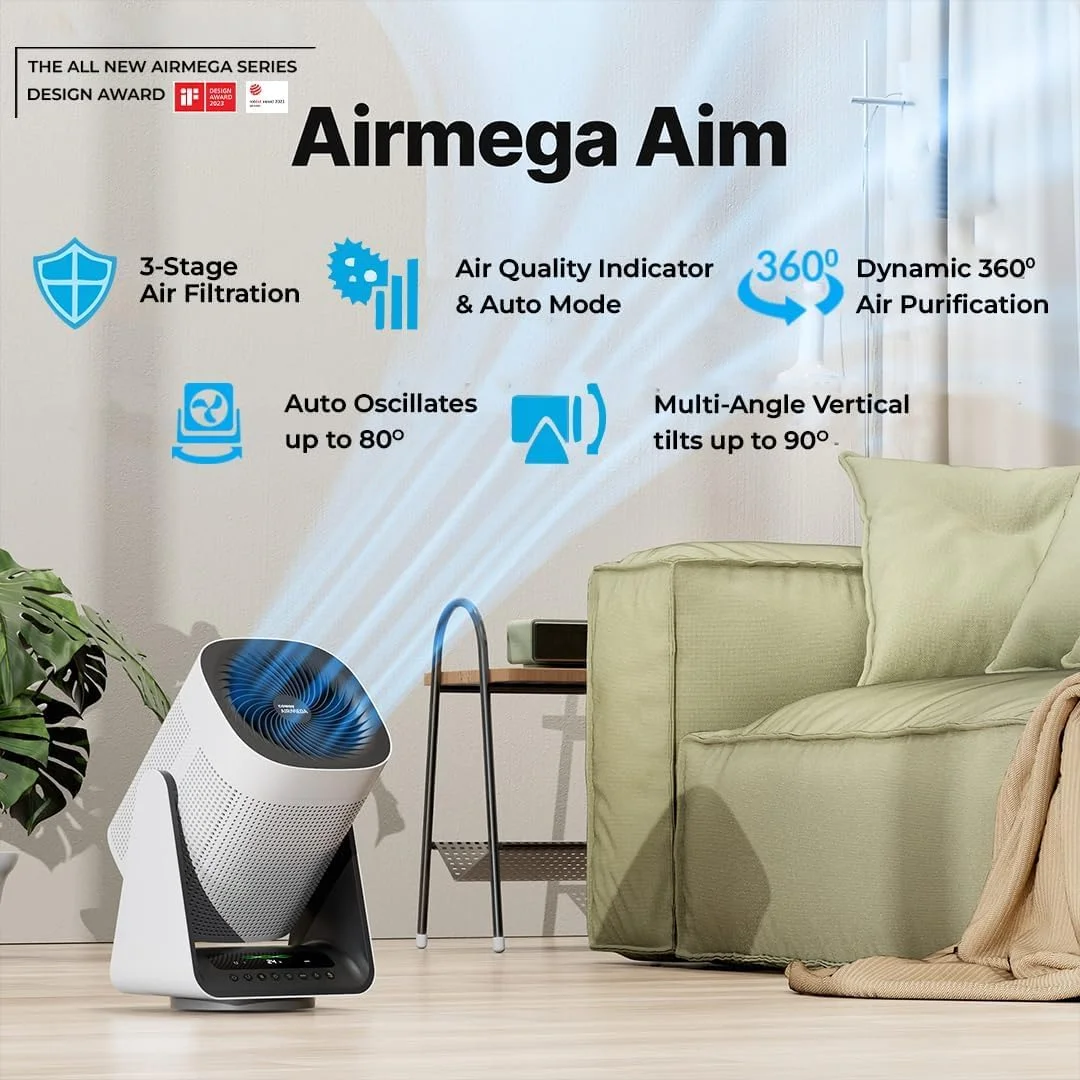 دستگاه تصفیه هوا Coway Airmega AIM (AP-0623B) مناسب منزل، پوشش دهی تا 33 متر مربع، عمر فیلتر طولانی 8500 ساعت (تقریباً 1.5-2 سال)، از بین برنده ویروس و ذرات PM 0.01 با راندمان 99.999٪، سفید