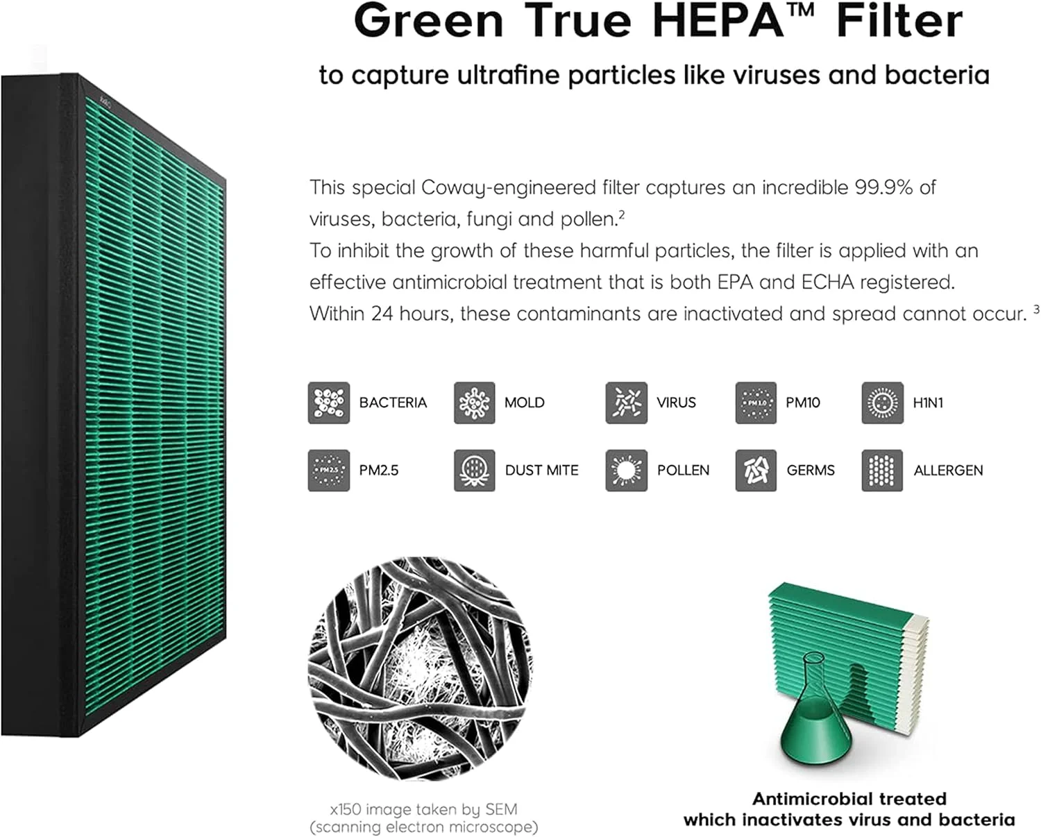 دستگاه تصفیه هوای حرفه ای Coway AirMega برای خانه، با طول عمر فیلتر بسیار بالا 8500 ساعت، فیلتر HEPA سبز، (حداکثر 2 مجموعه فیلتر (AirMega 300S))