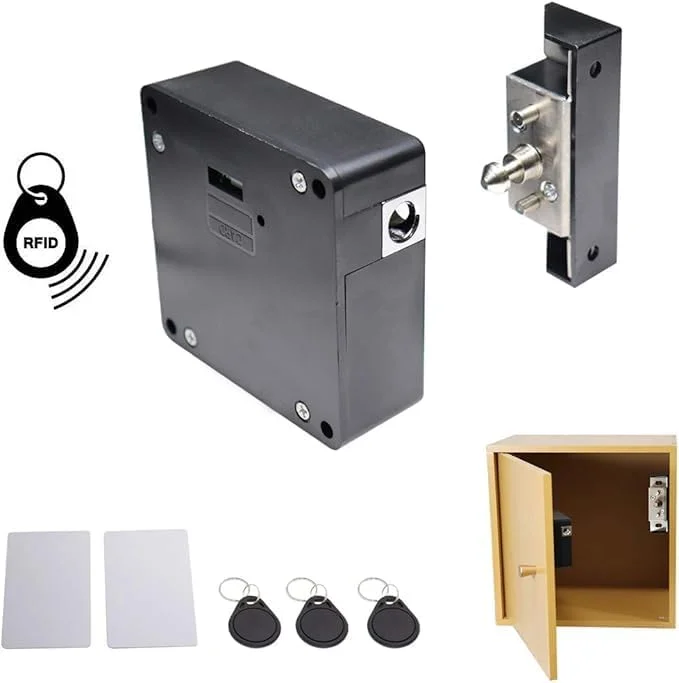 قفل الکترونیکی کابینت RFID تزویق، قفل مخفی DIY برای کابینت چوبی، کمد، کشو، گنجه، جعبه اسلحه، با 5 کارت/تگ IC و کابل USB، قفل الکترونیکی برای نصب DIY