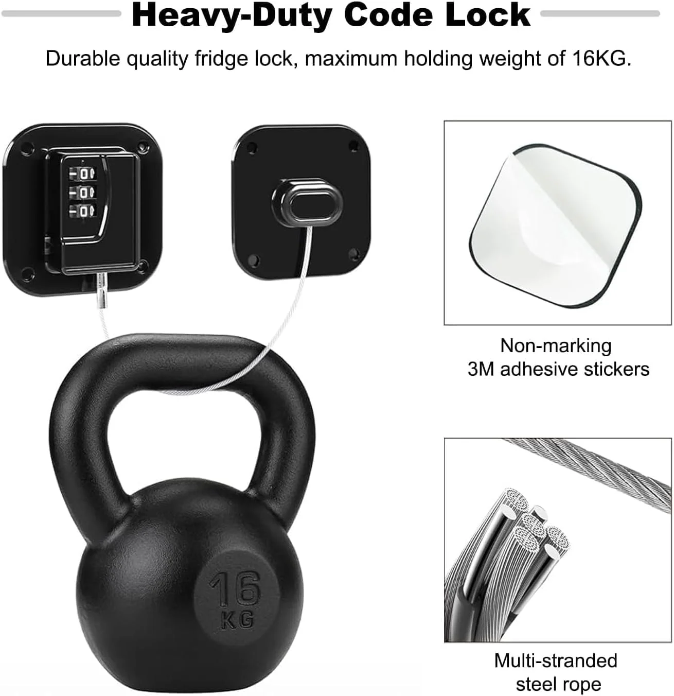 قفل یخچال کودک تزویق، قفل کابینت ایمن کودک، قفل ۳ رقمی با کابل فولادی و چسب 3M، برای کمد، کشو، درب، پنجره، مشکی - 2 عددی قفل یخچال کودک تزویق، قفل کابینت ایمن کودک، قفل ۳ رقمی با کابل فولادی و چسب 3M، برای کمد، کشو، درب، پنجره، مشکی - 2 عددی