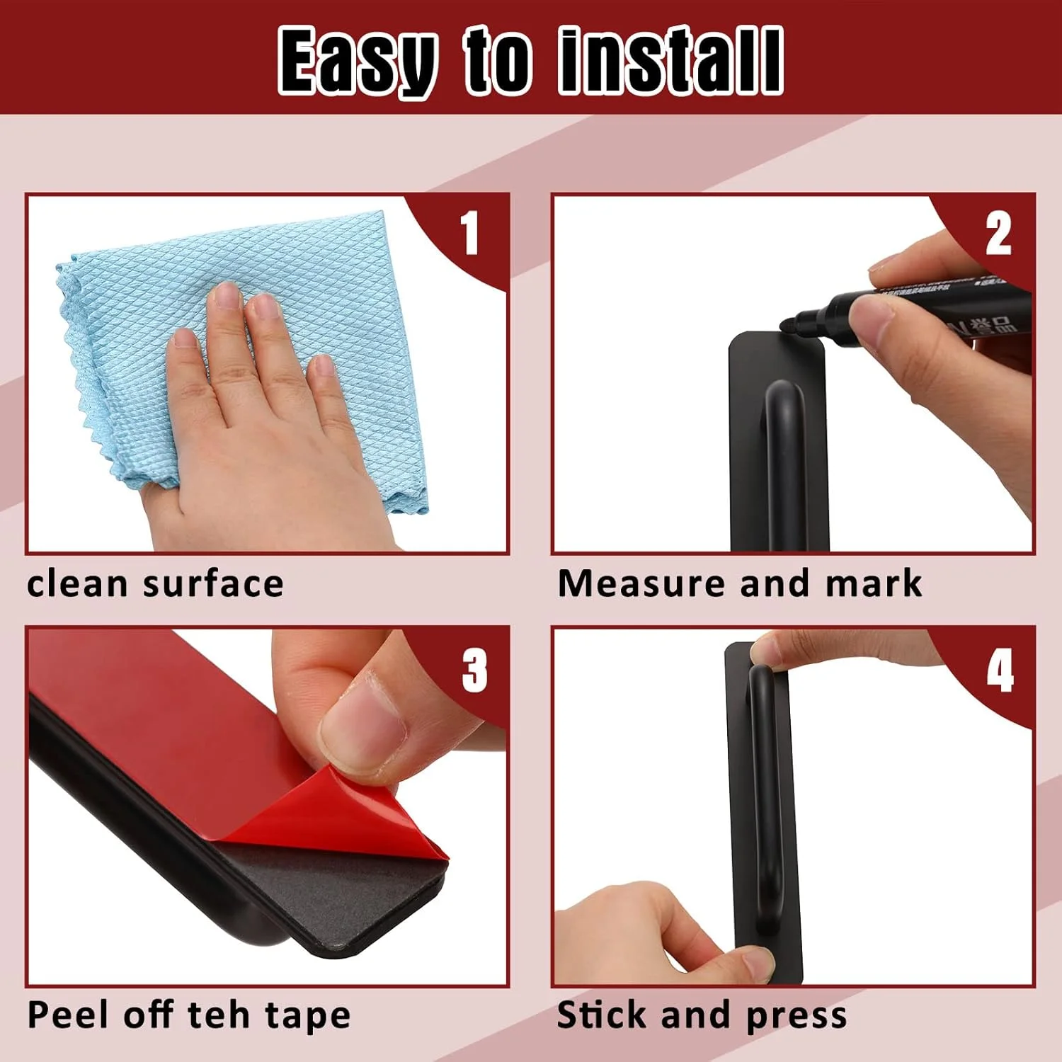 دستگیره کابینت چسبی فانروس 15 سانتی متری، دستگیره کشویی کابینت، دستگیره آشپزخانه، دستگیره فوری خود چسب کابینت، سخت افزار دستگیره کابینت آشپزخانه برای دستگیره درب (مشکی، 4 عدد)