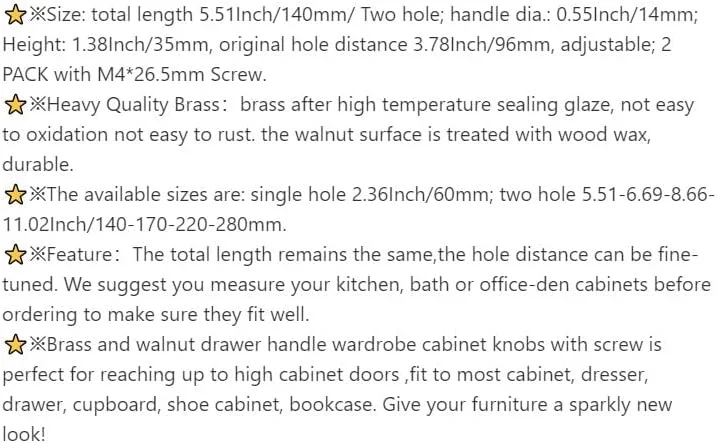 دستگیره کشو HONJIE برنجی گردویی 140 میلی‌متری، مناسب کابینت آشپزخانه و کمد لباس، با فاصله سوراخ قابل تنظیم، همراه با پیچ، 2 عدد