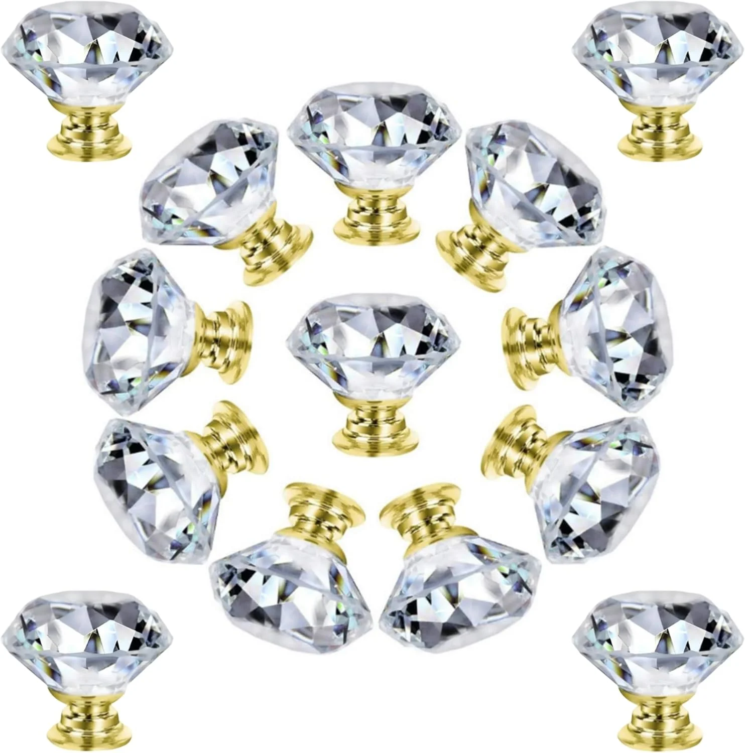 هونپولو 14 عددی دستگیره کابینت و مبلمان، دستگیره کشو شیشه کریستالی الماسی شکل 30 میلی متری، دستگیره درب کابینت آلیاژ آلومینیوم طلایی و نقره ای، برای آشپزخانه، حمام، اتاق خواب، شامل پیچ