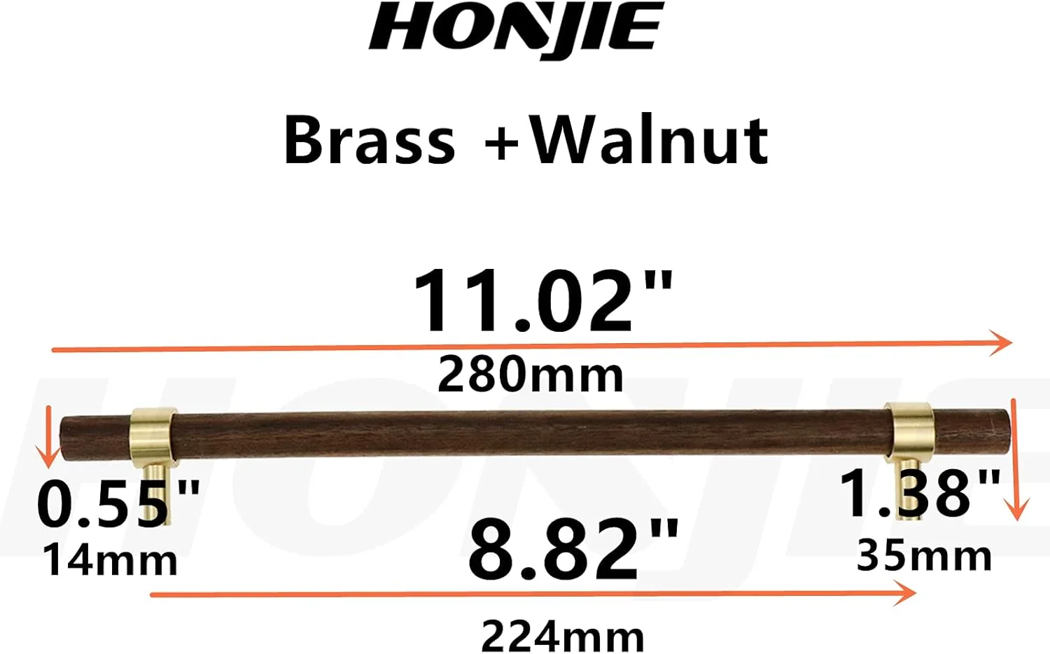 دستگیره کشو HONJIE، 280 میلی‌متر، برنجی و چوب گردو، مناسب برای کابینت آشپزخانه و کمد لباس، دستگیره قابل تنظیم با پیچ، 2 عدد