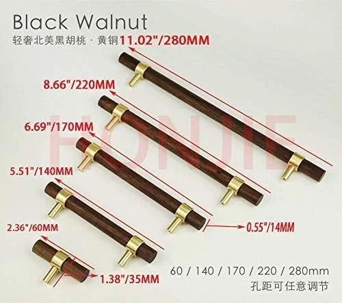 دستگیره کشو HONJIE، 280 میلی‌متر، برنجی و چوب گردو، مناسب برای کابینت آشپزخانه و کمد لباس، دستگیره قابل تنظیم با پیچ، 2 عدد